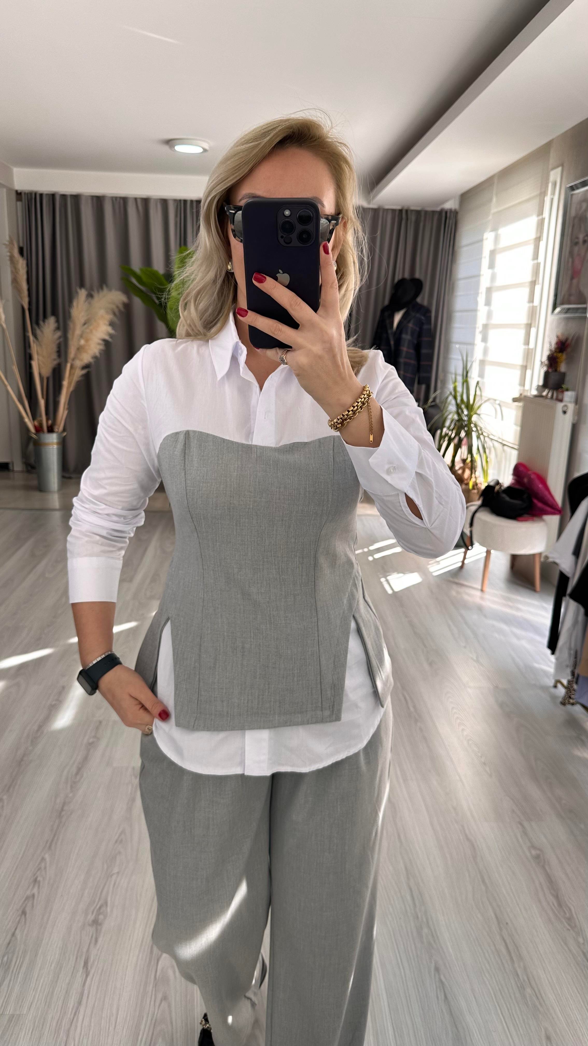 GRİ BÜSTİYERLİ GÖMLEK