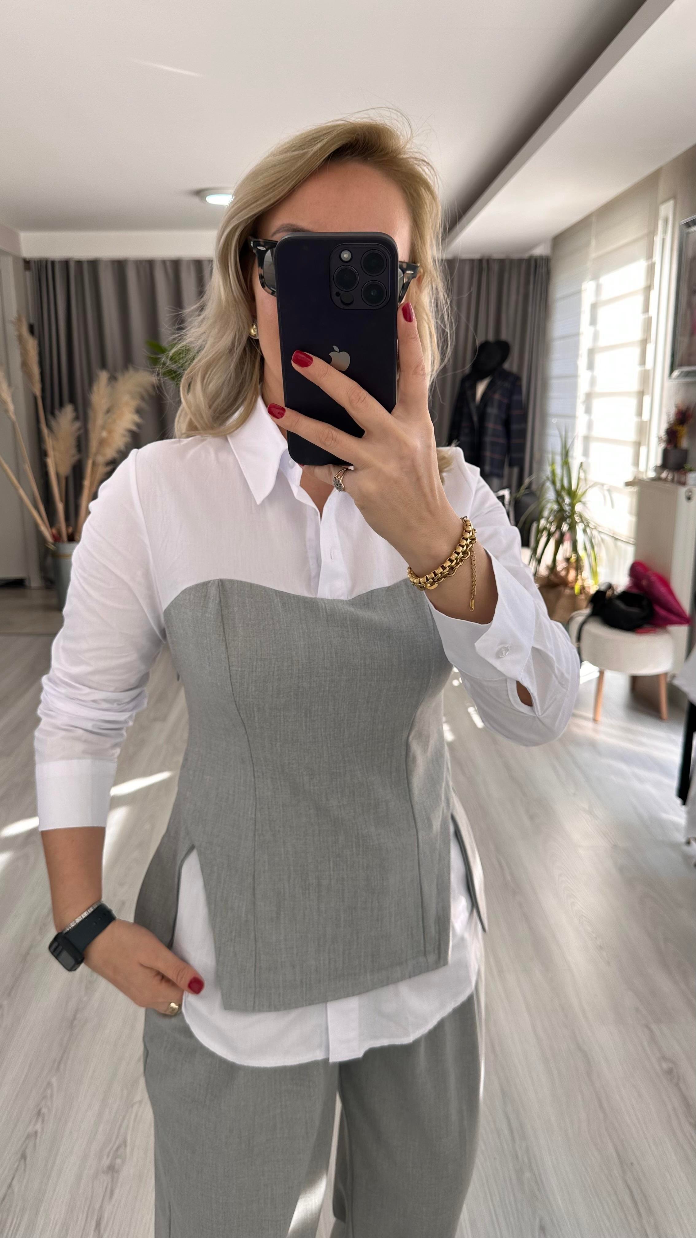 GRİ BÜSTİYERLİ GÖMLEK