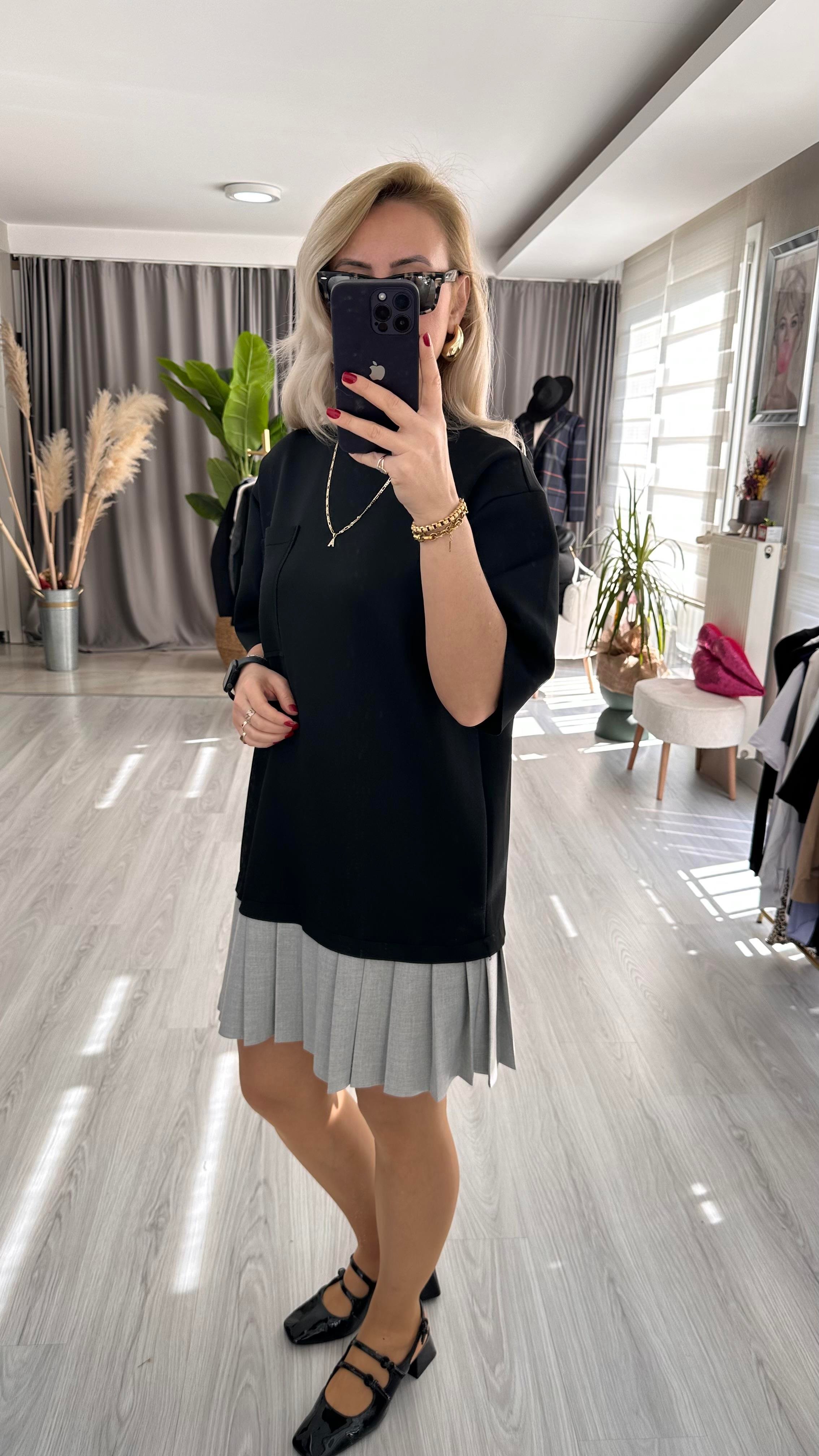 GRİ PİLİSELİ SCUBA KUMAŞ SİYAH ELBİSE 