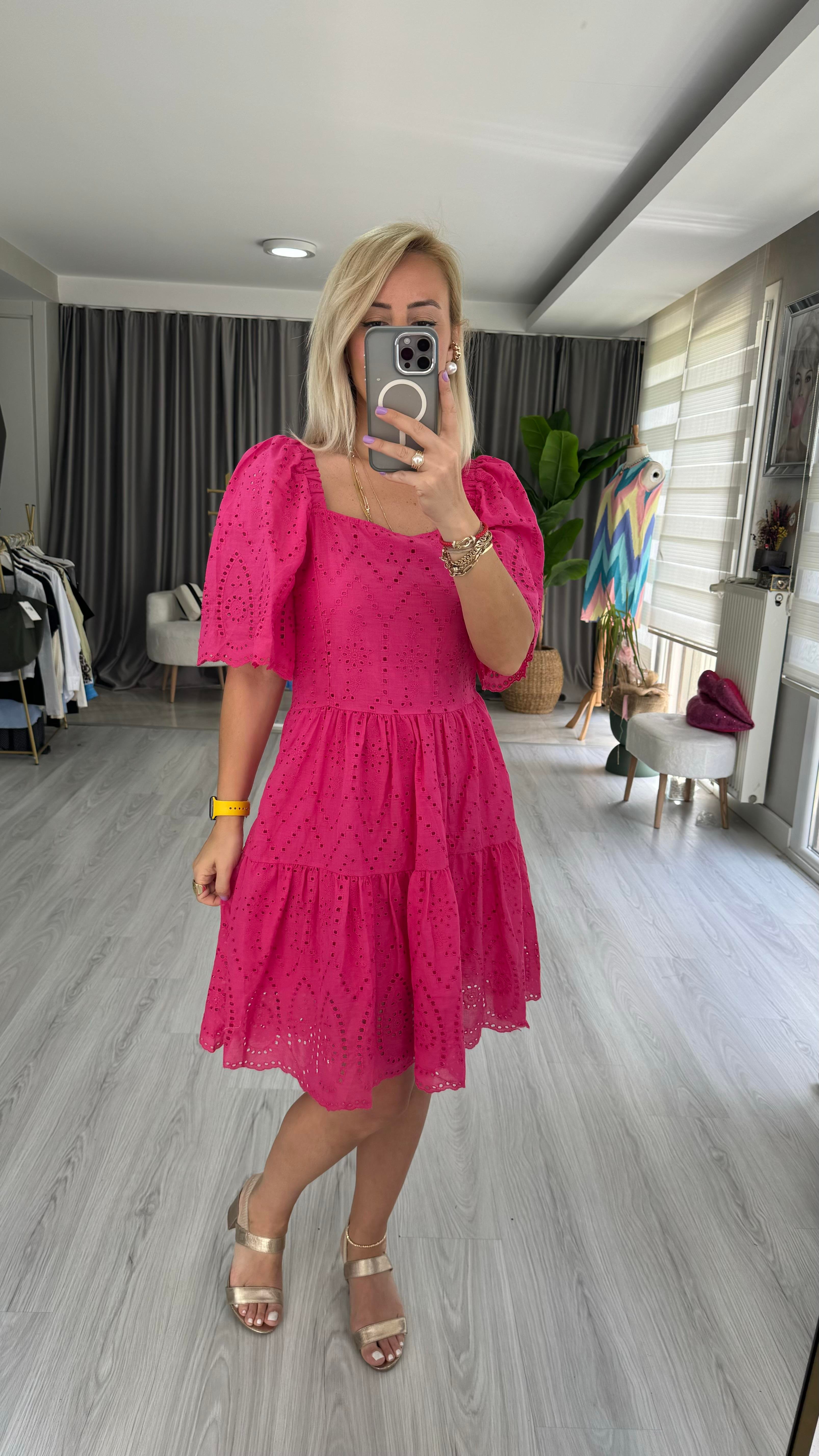 KARE YAKA FİSTOLU PEMBE ELBİSE