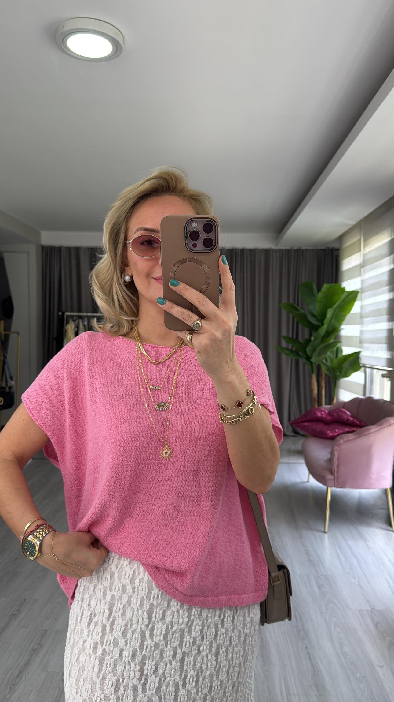 Kayık Yaka Pembe Merserize Triko