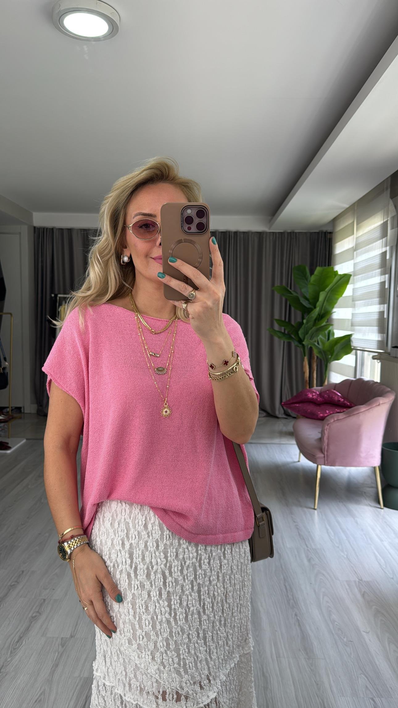 Kayık Yaka Pembe Merserize Triko