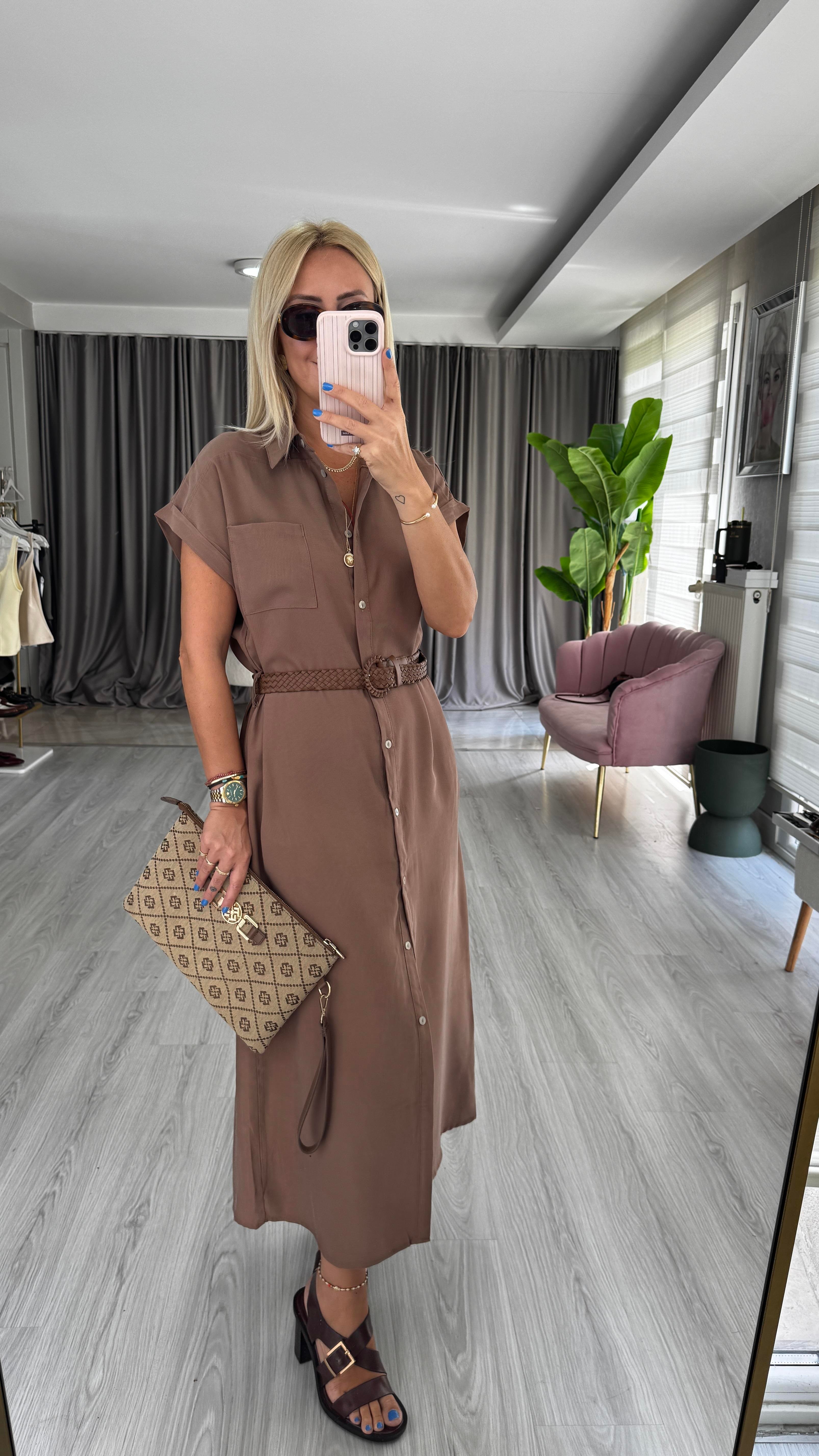 Kemerli Tencel Açık Kahve Gömlek Elbise