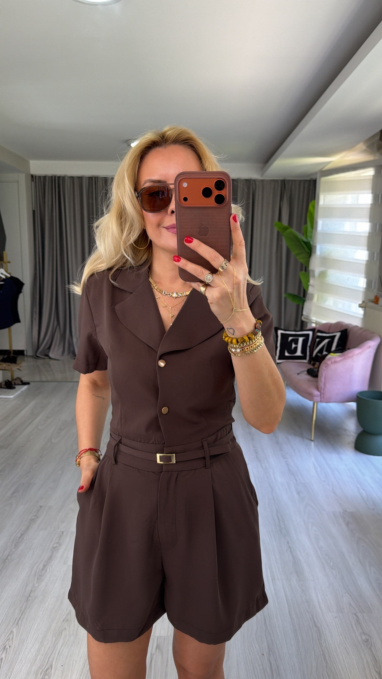 Kruvaze Yaka Kemerli Acı Kahve Tulum