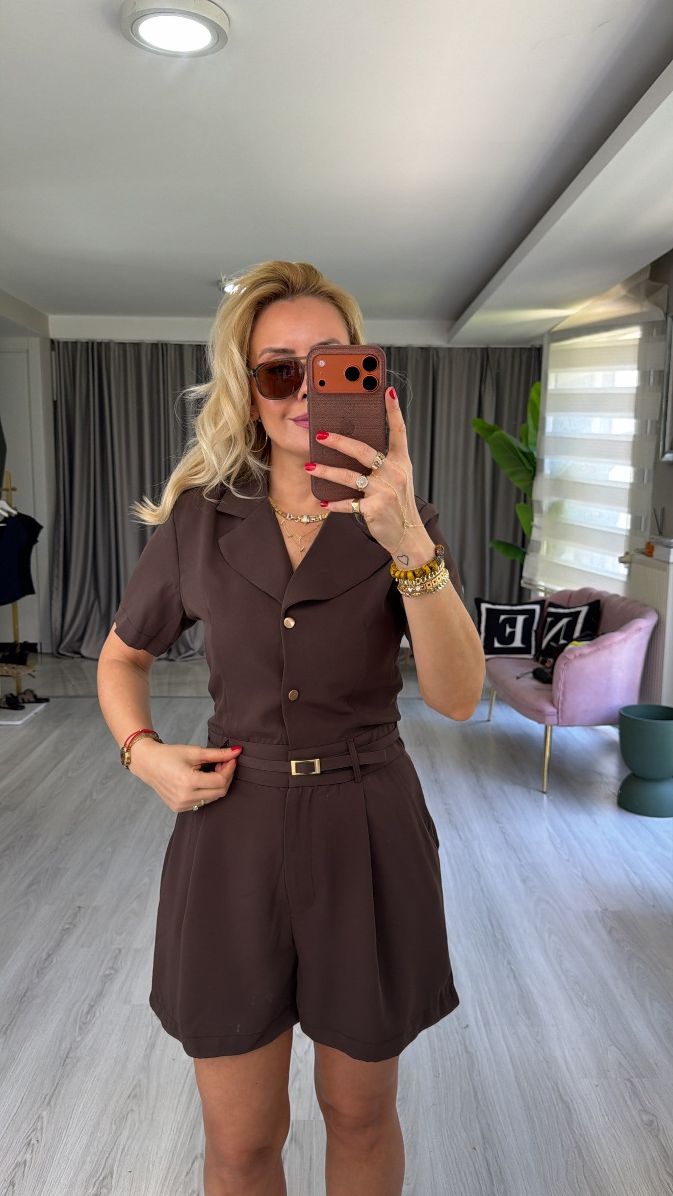 Kruvaze Yaka Kemerli Acı Kahve Tulum
