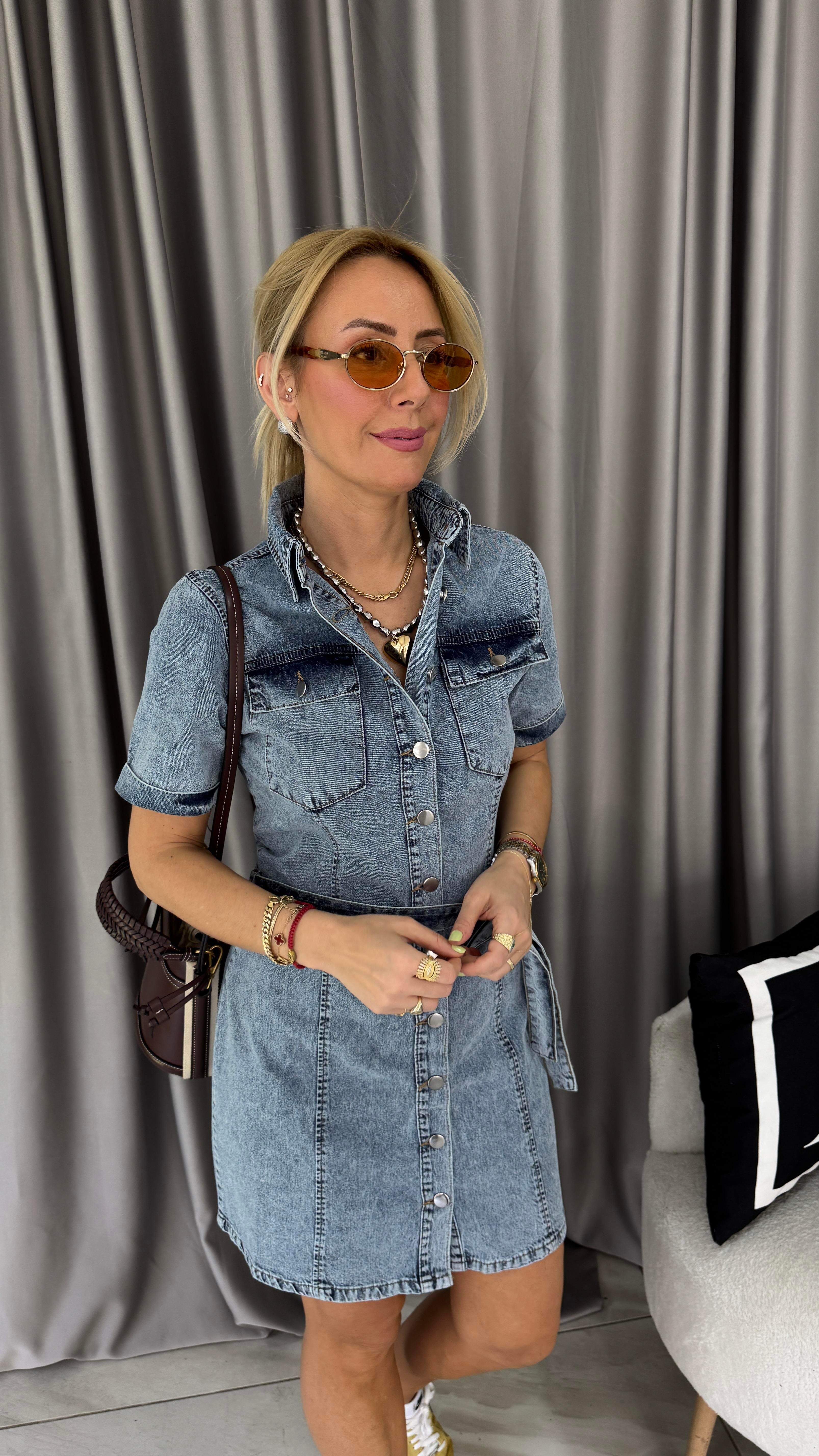Kuşaklı Komple Düğmeli Mavi Jean Elbise