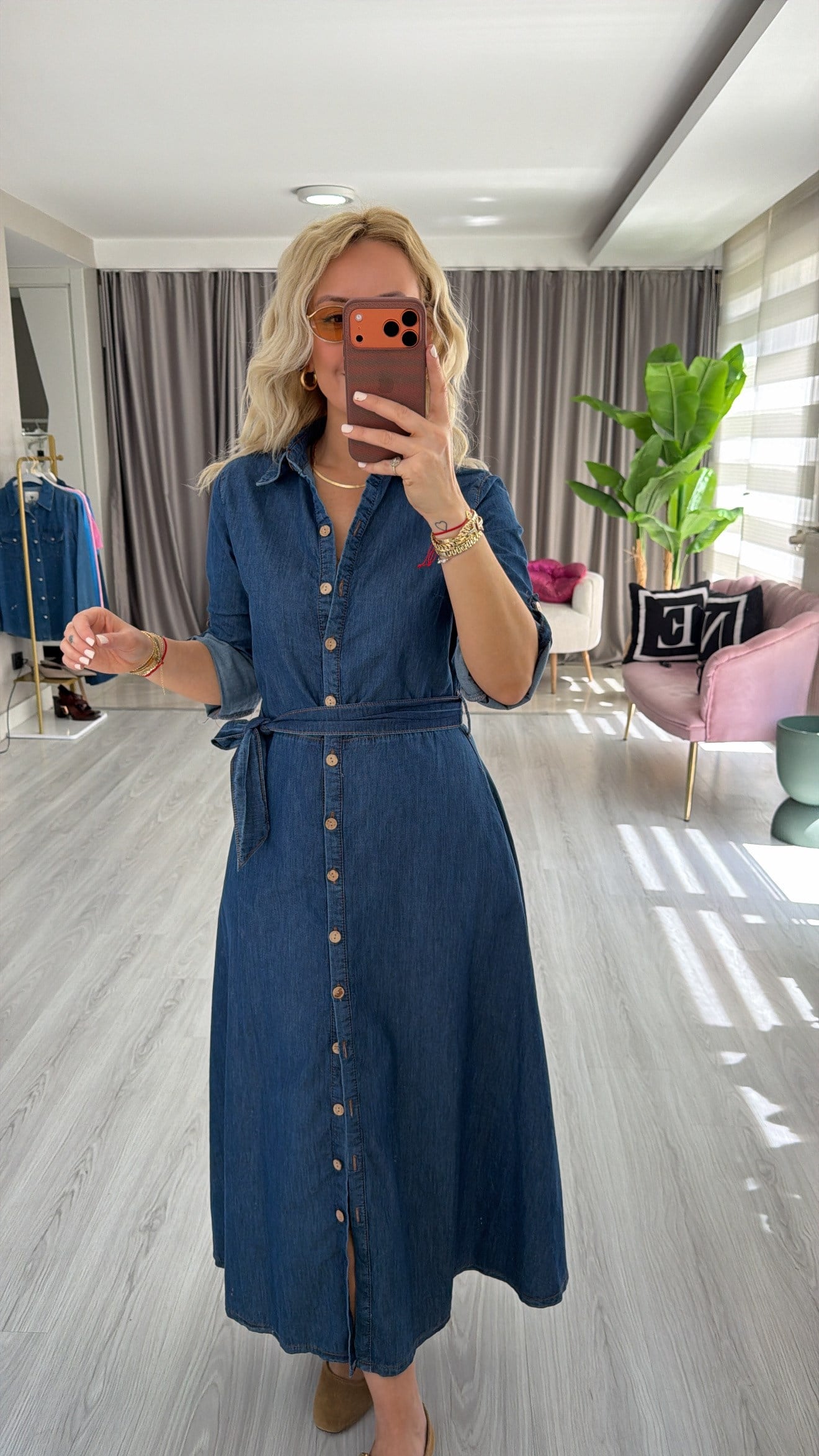Kuşaklı Önü Komple Düğmeli Pamuklu Jean Elbise