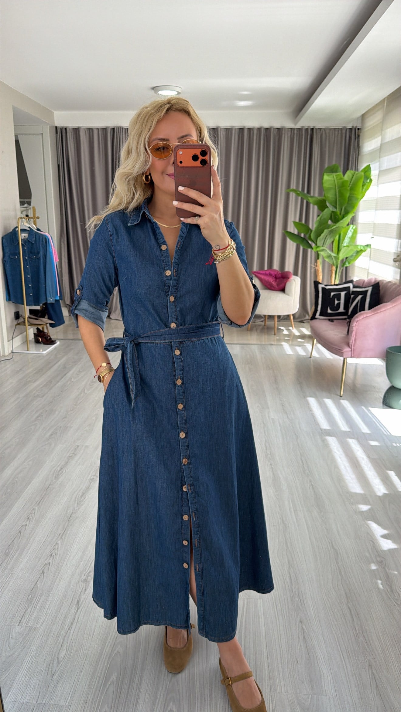 Kuşaklı Önü Komple Düğmeli Pamuklu Jean Elbise