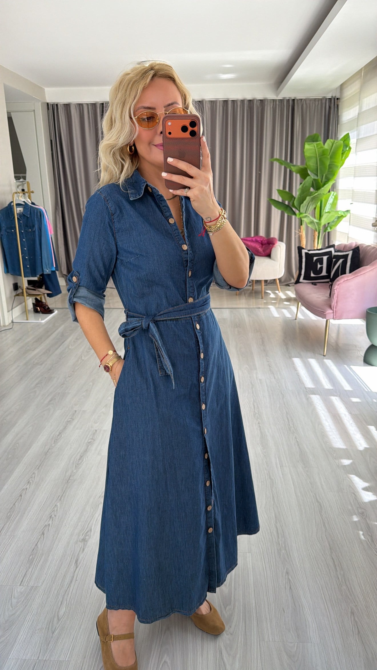 Kuşaklı Önü Komple Düğmeli Pamuklu Jean Elbise