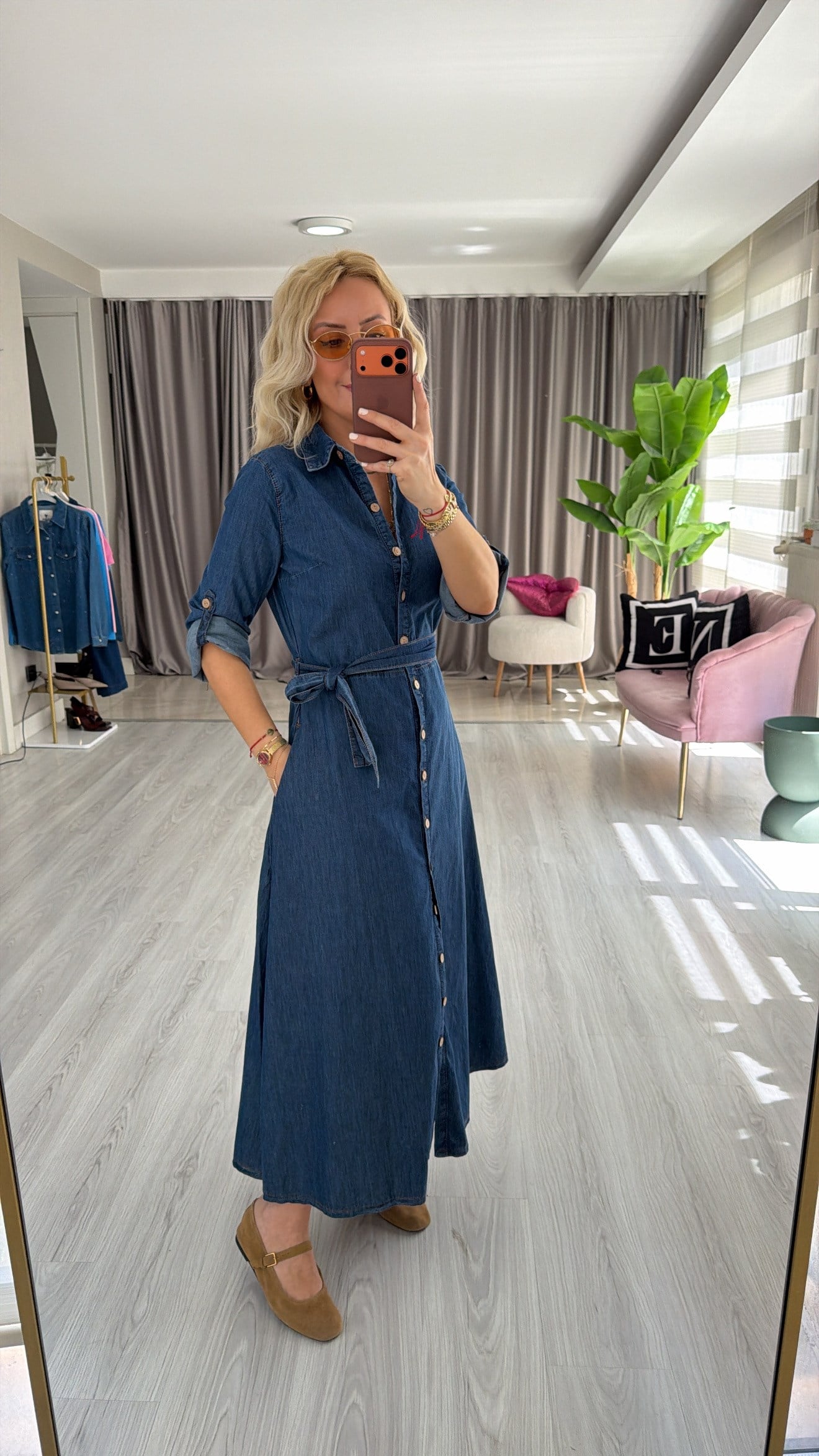 Kuşaklı Önü Komple Düğmeli Pamuklu Jean Elbise