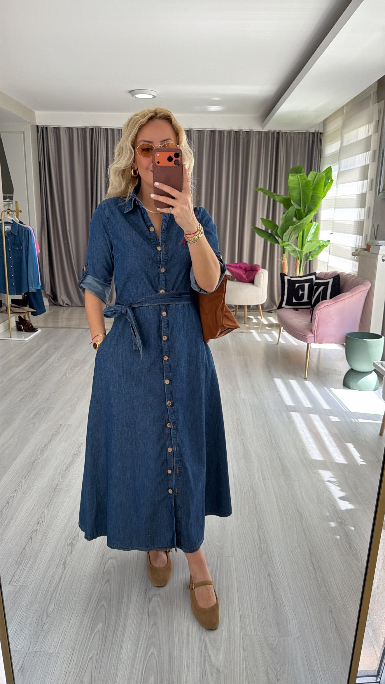 Kuşaklı Önü Komple Düğmeli Pamuklu Jean Elbise