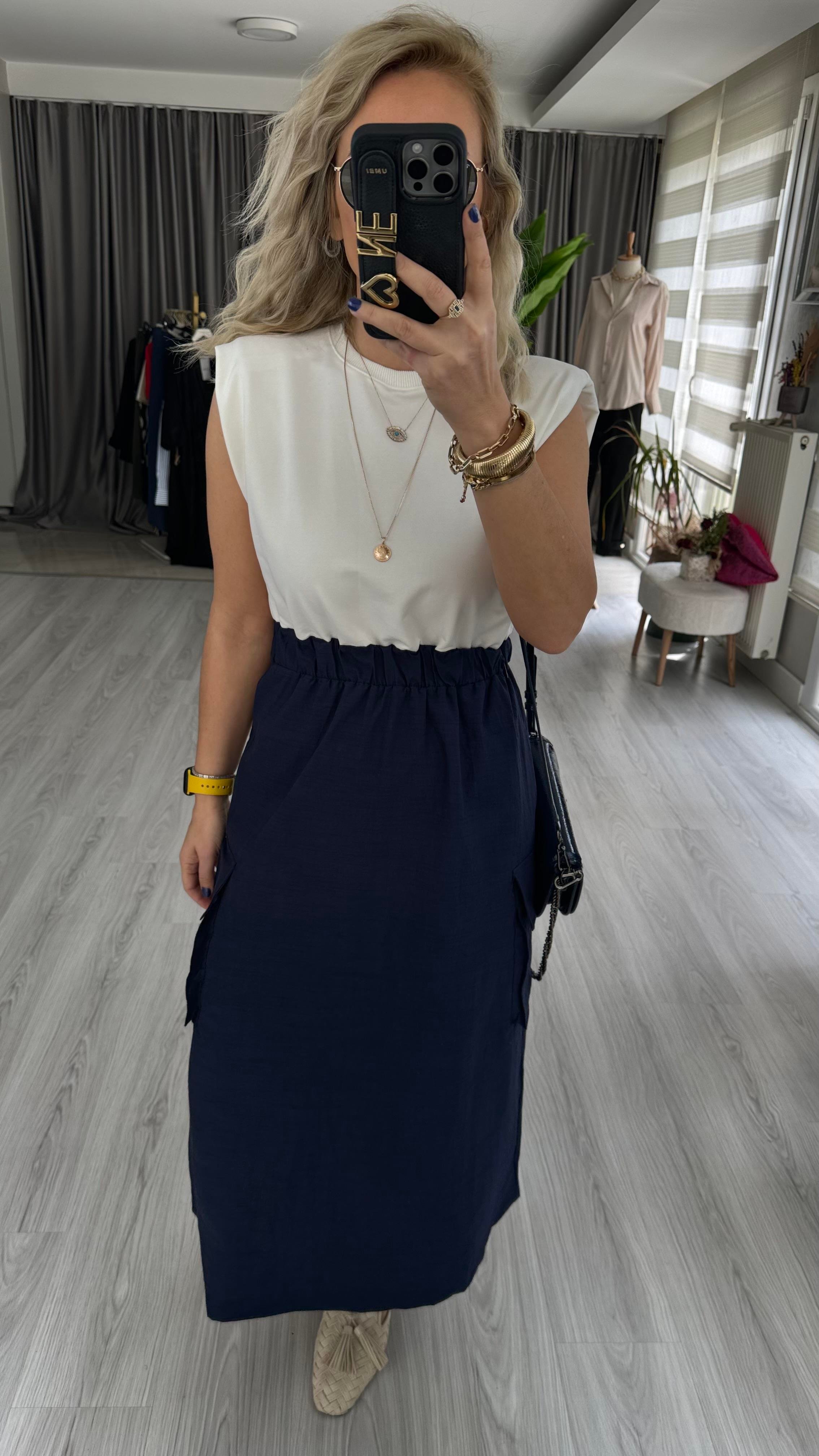 LACİVERT ETEKLİ, BELİ LASTİKLİ, İKİ İPLİK ELBİSE