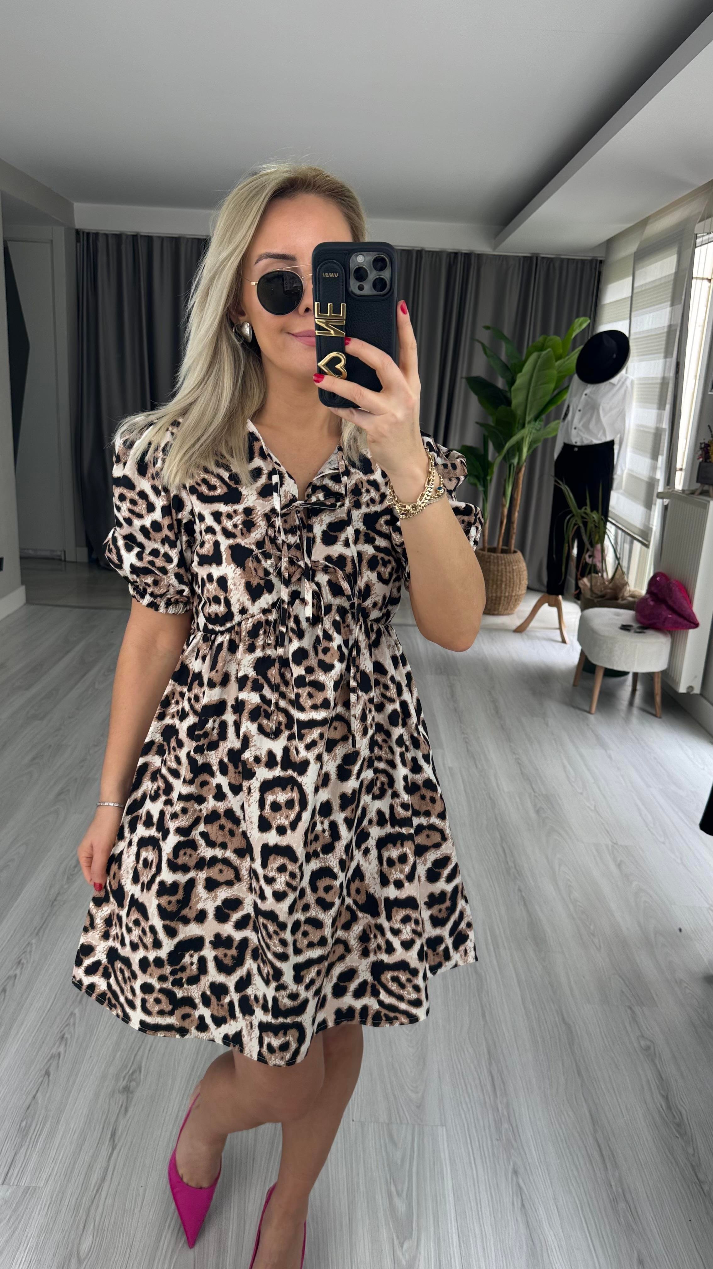 LEOPAR DESEN BAĞLAMA DETAYLI POPLİN ELBİSE