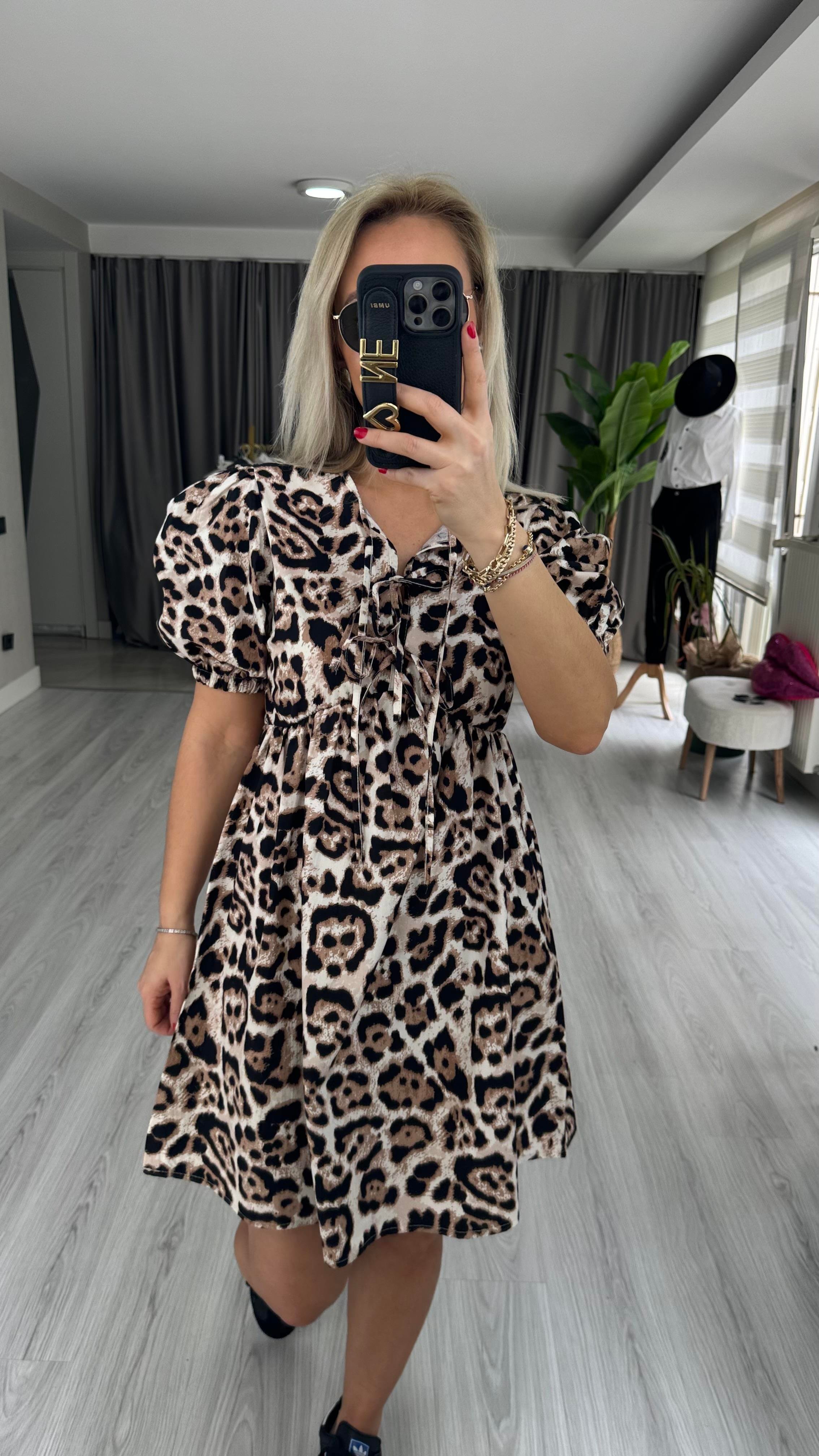 LEOPAR DESEN BAĞLAMA DETAYLI POPLİN ELBİSE