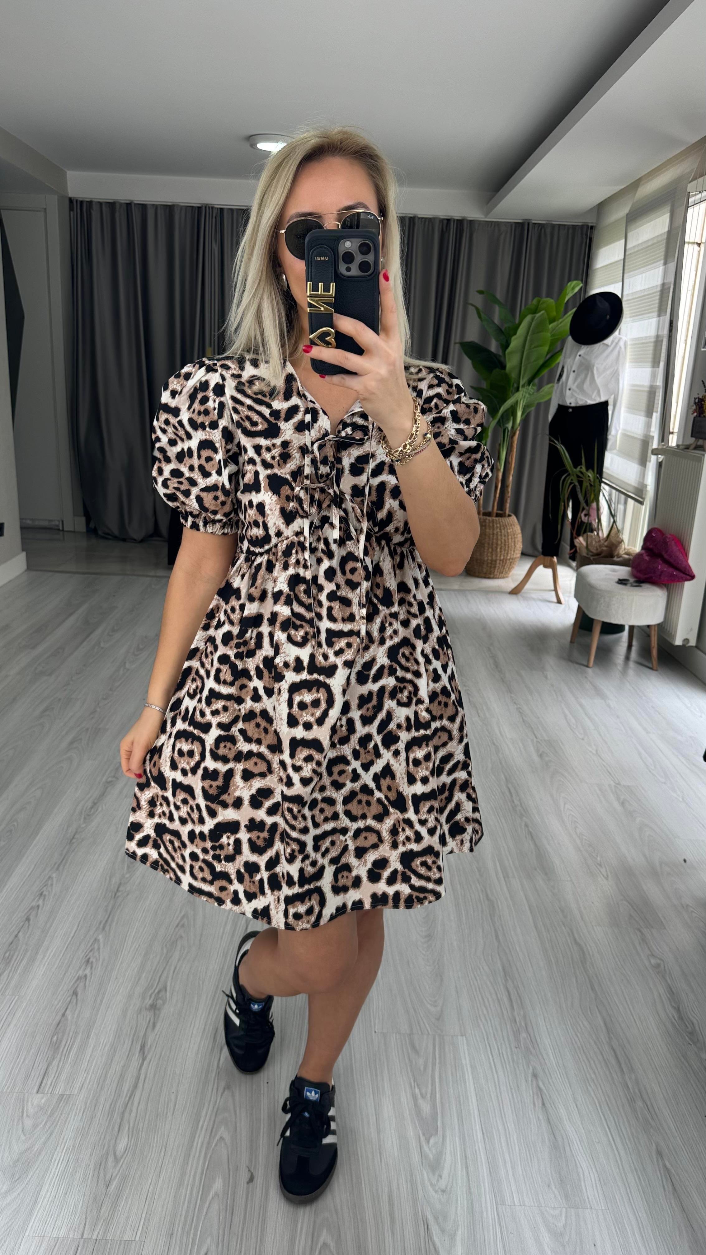 LEOPAR DESEN BAĞLAMA DETAYLI POPLİN ELBİSE