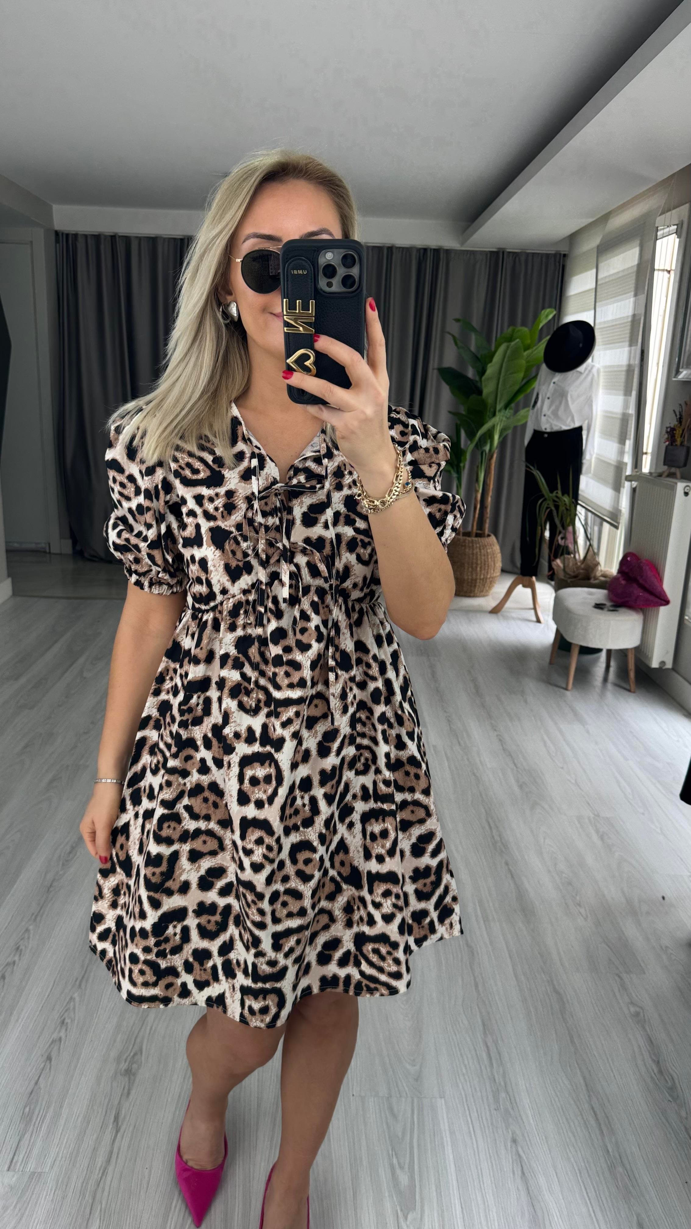 LEOPAR DESEN BAĞLAMA DETAYLI POPLİN ELBİSE