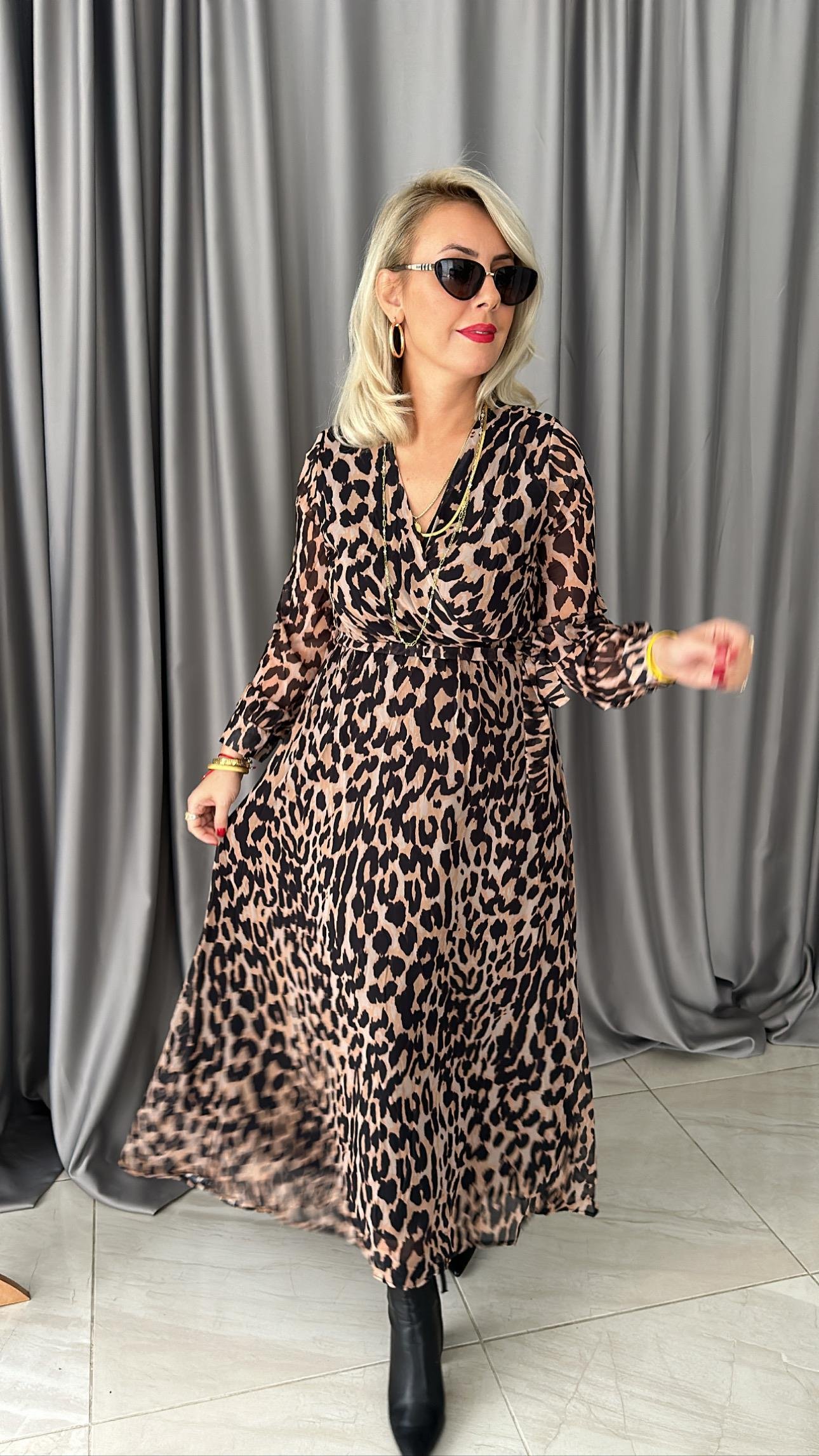 Leopar Desenli Şifon Elbise