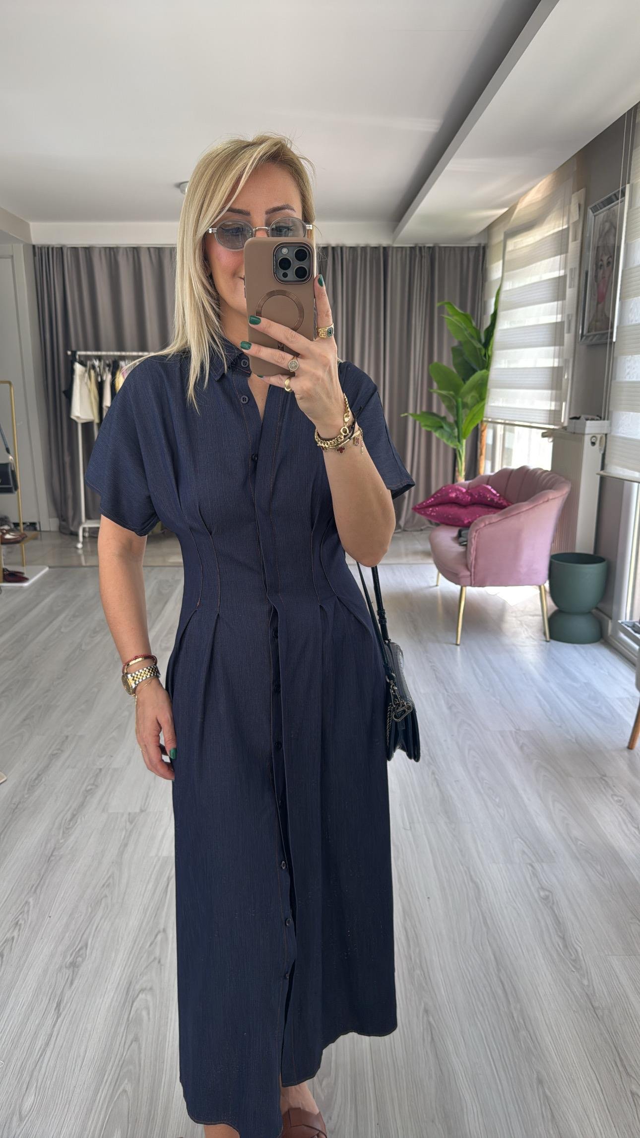 Likralı Tencel Jean Gömlek Elbise