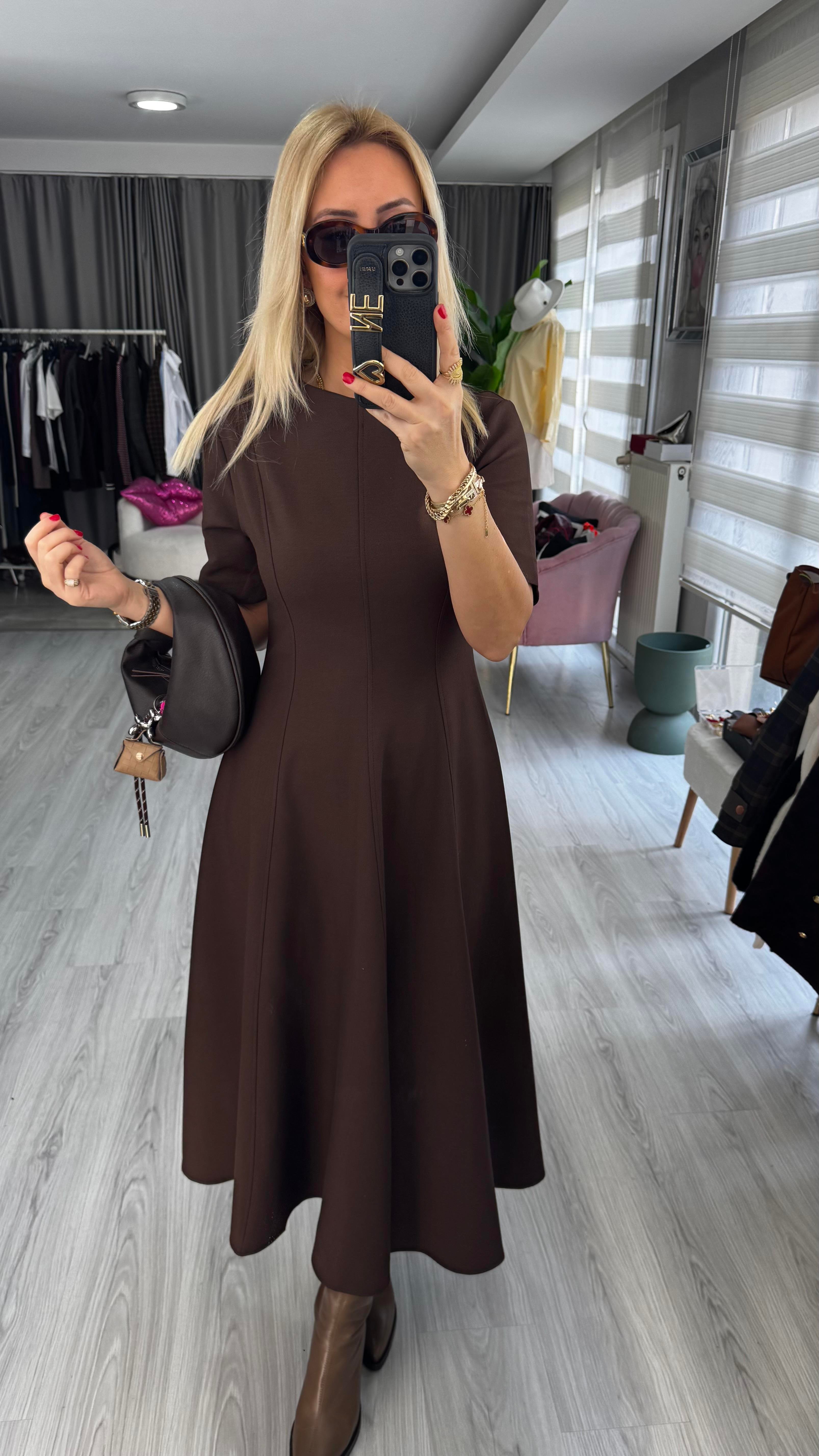 Maxi Boy Acı Kahve Kloş Elbise