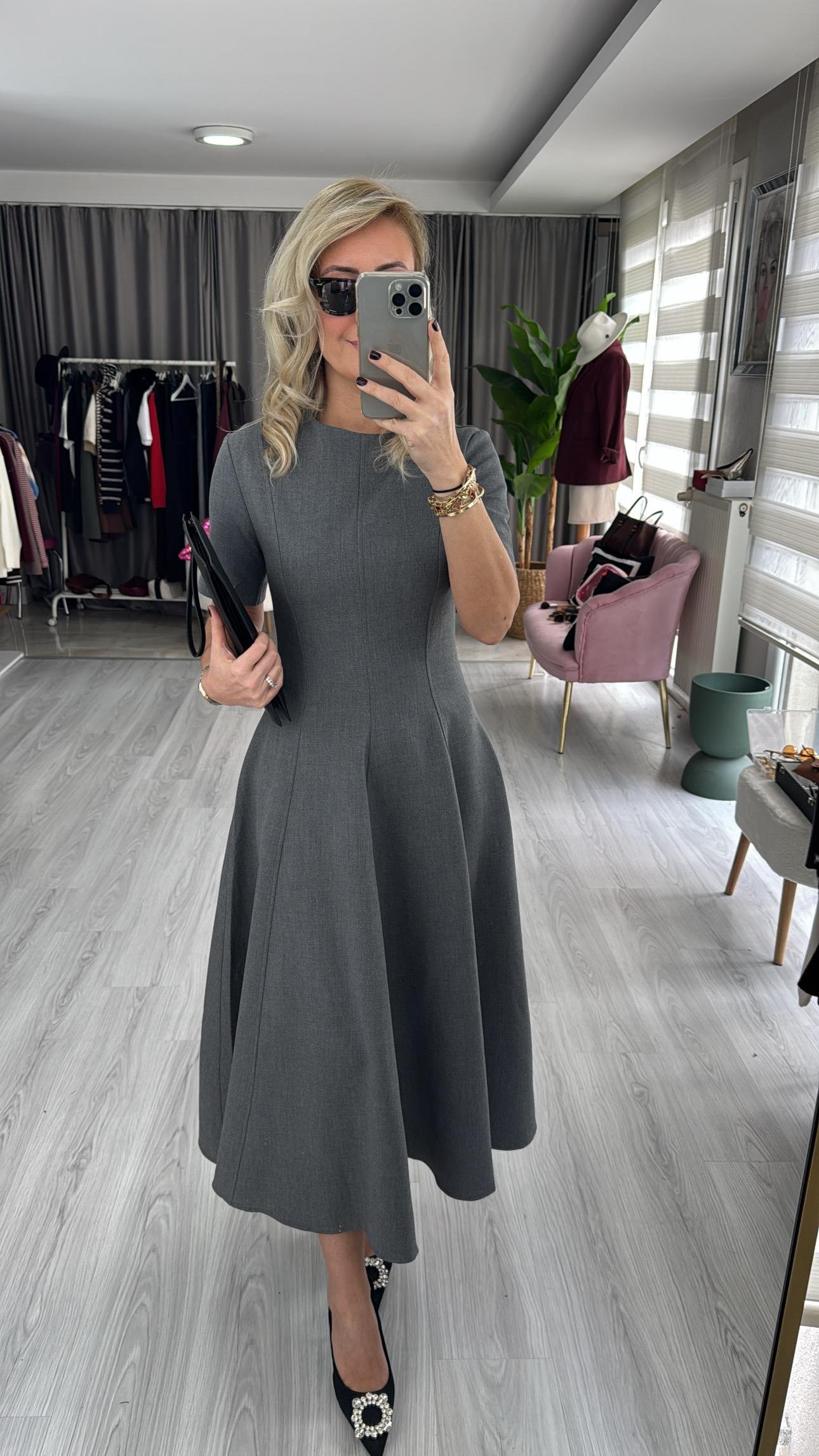 Maxi Boy Gri Kloş Elbise