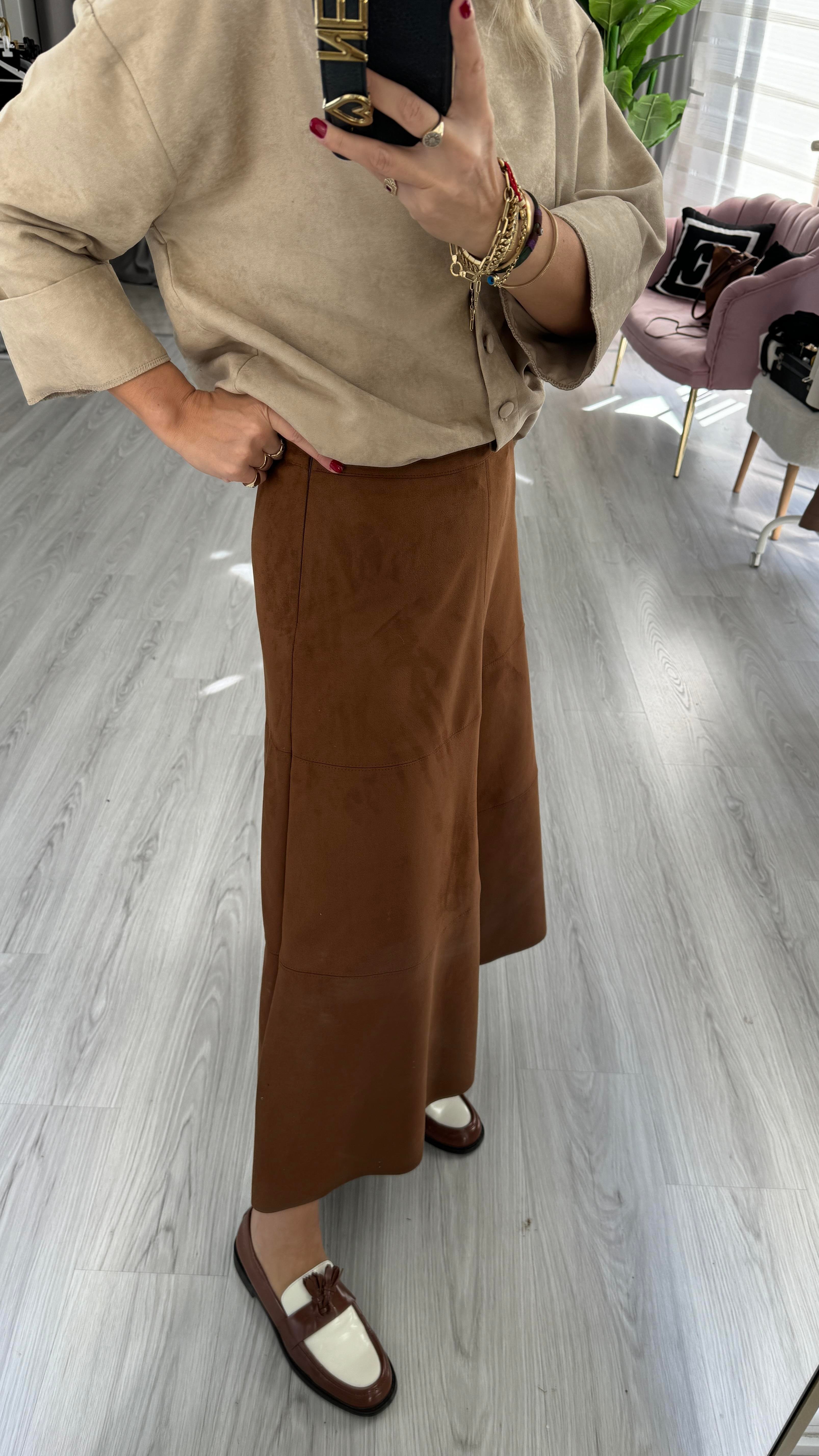 Midi Boy Taba Süet Etek