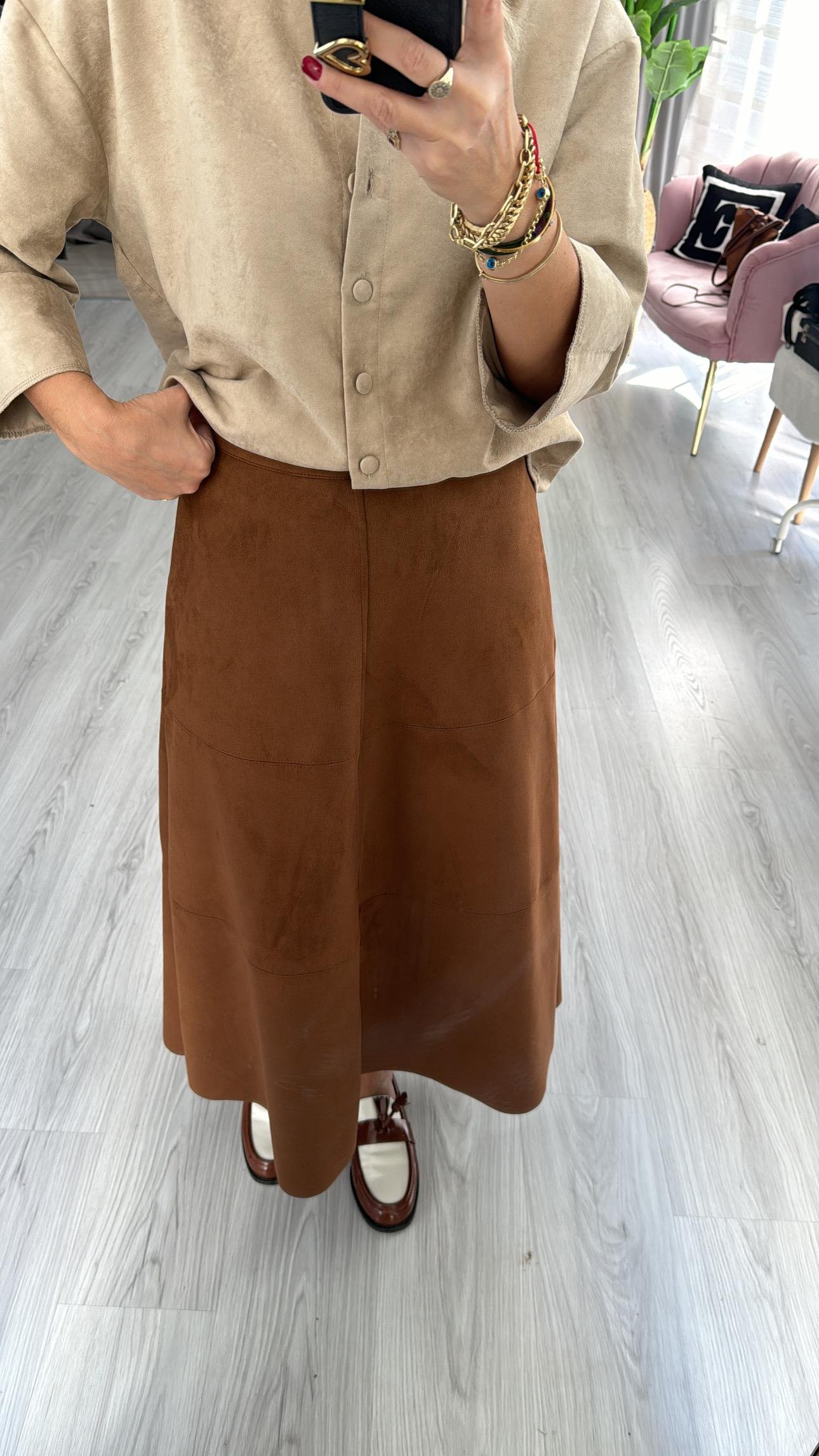 Midi Boy Taba Süet Etek