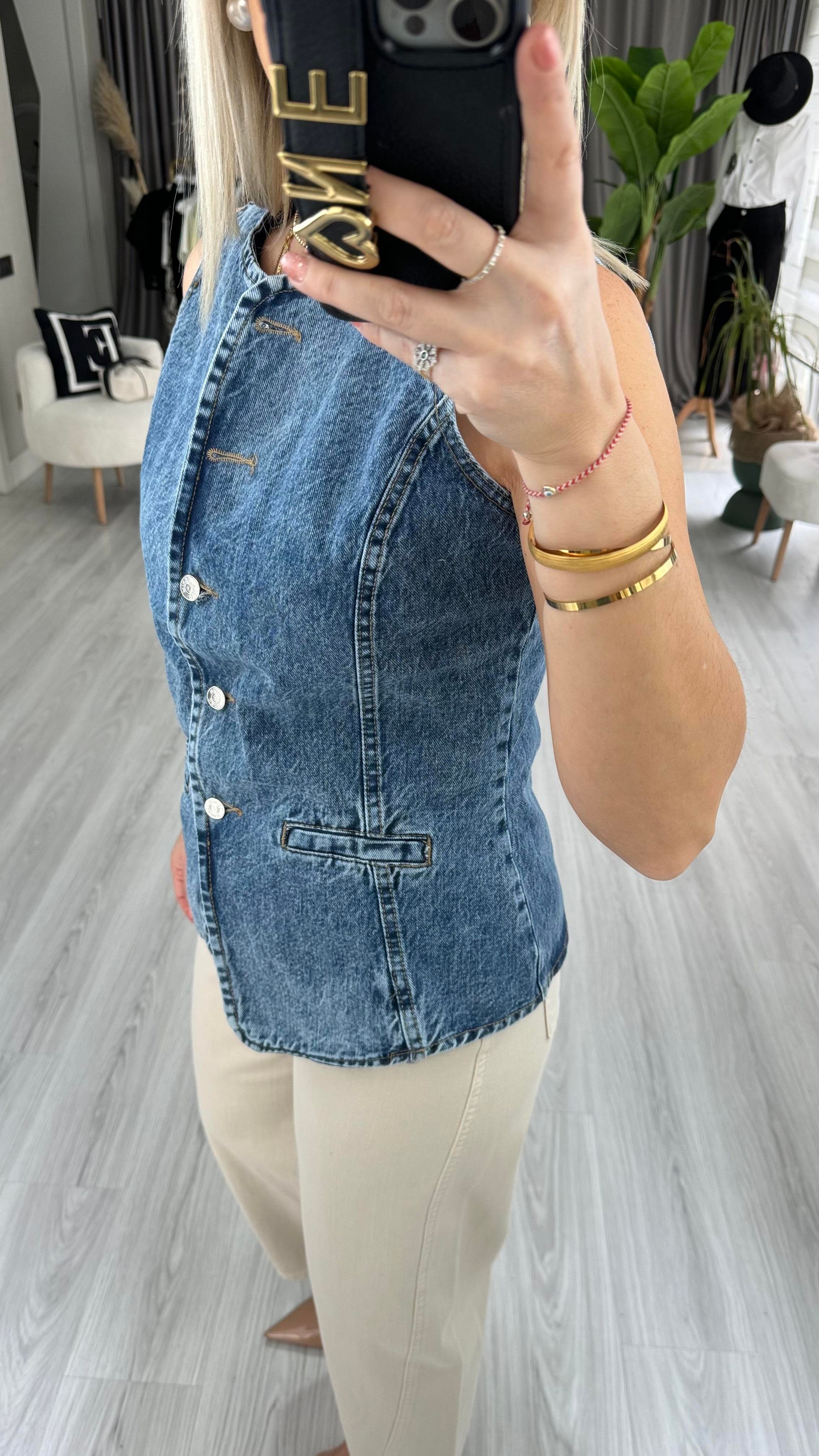 ÖNDEN DÜĞMELİ DENİM YELEK