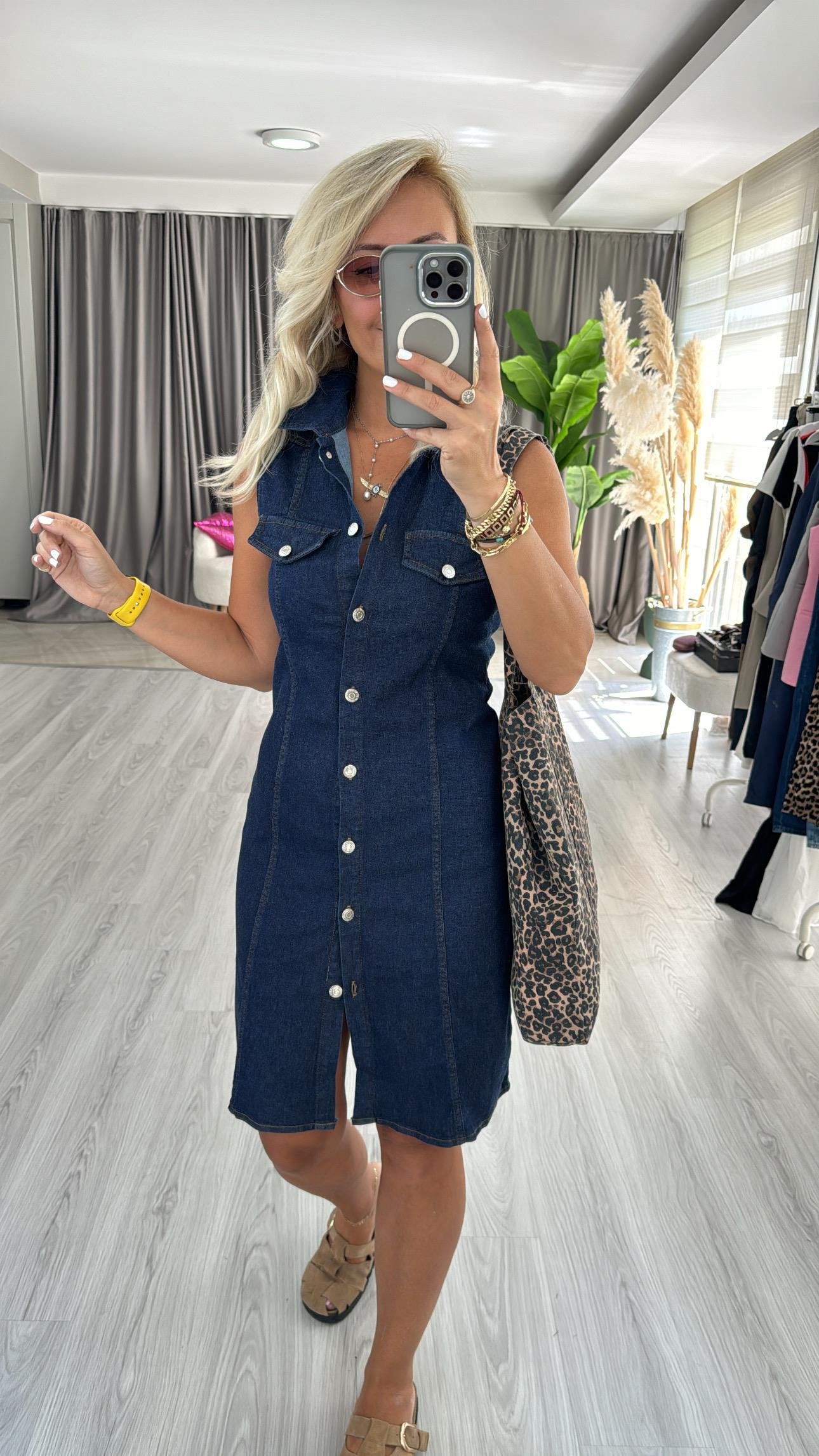 Önden Komple Düğmeli Lacivert Denim Elbise