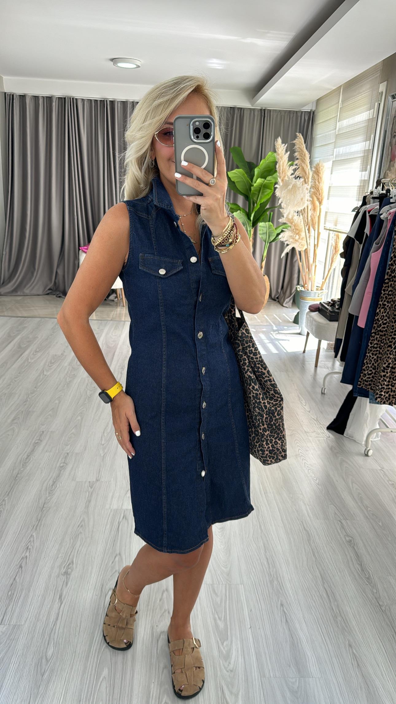 Önden Komple Düğmeli Lacivert Denim Elbise