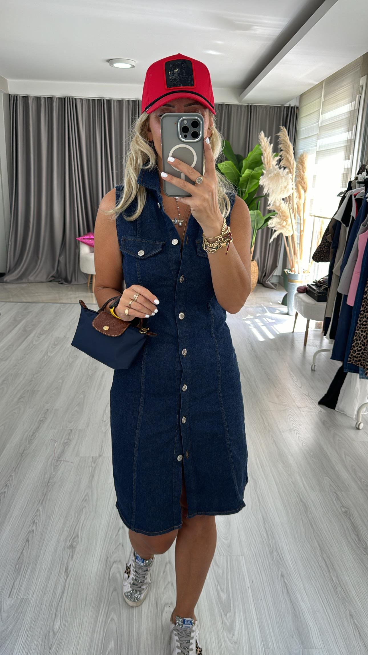 Önden Komple Düğmeli Lacivert Denim Elbise
