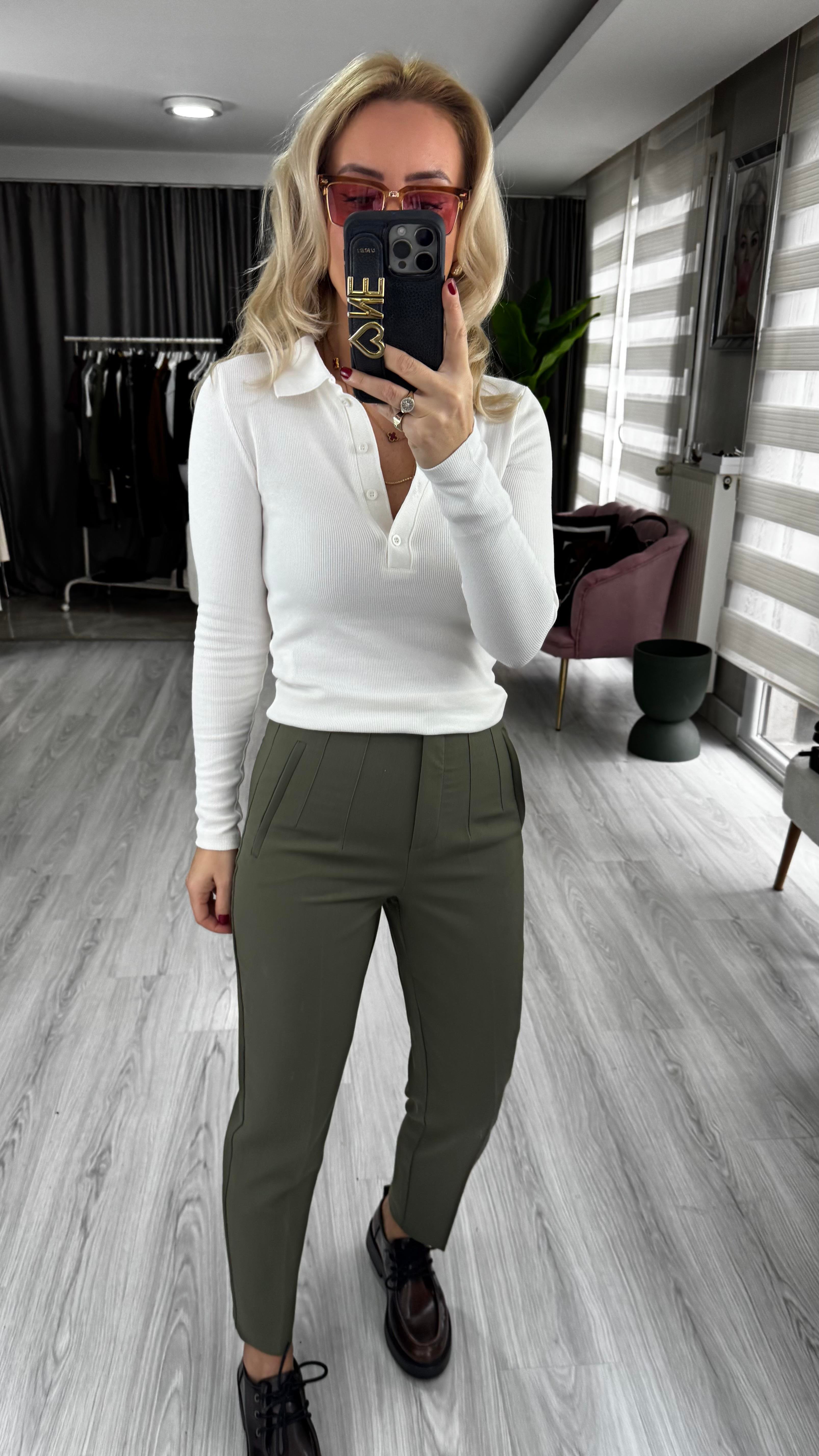 Önü Flatolu Haki Pantolon