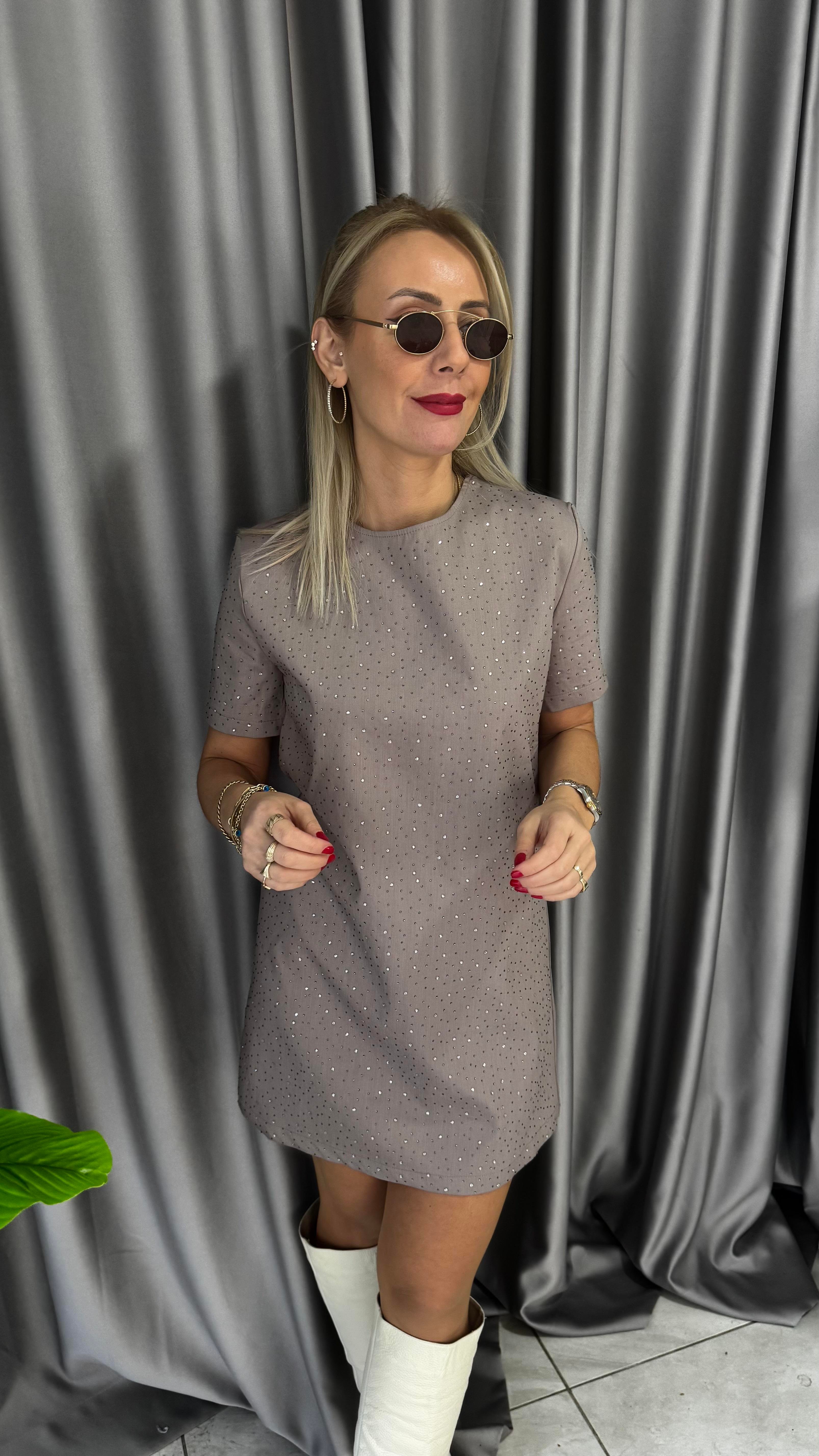 Önü Ve Kolları Işıltılı Taş İşlemeli Vizon Elbise