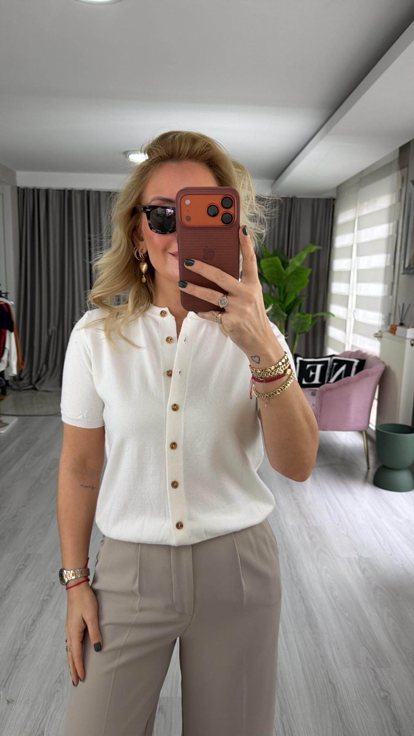 Orijinal Marka Bisiklet Yaka Düğmeli Ekru Triko