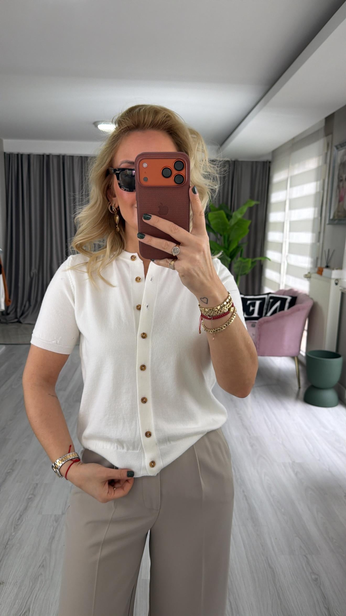 Orijinal Marka Bisiklet Yaka Düğmeli Ekru Triko