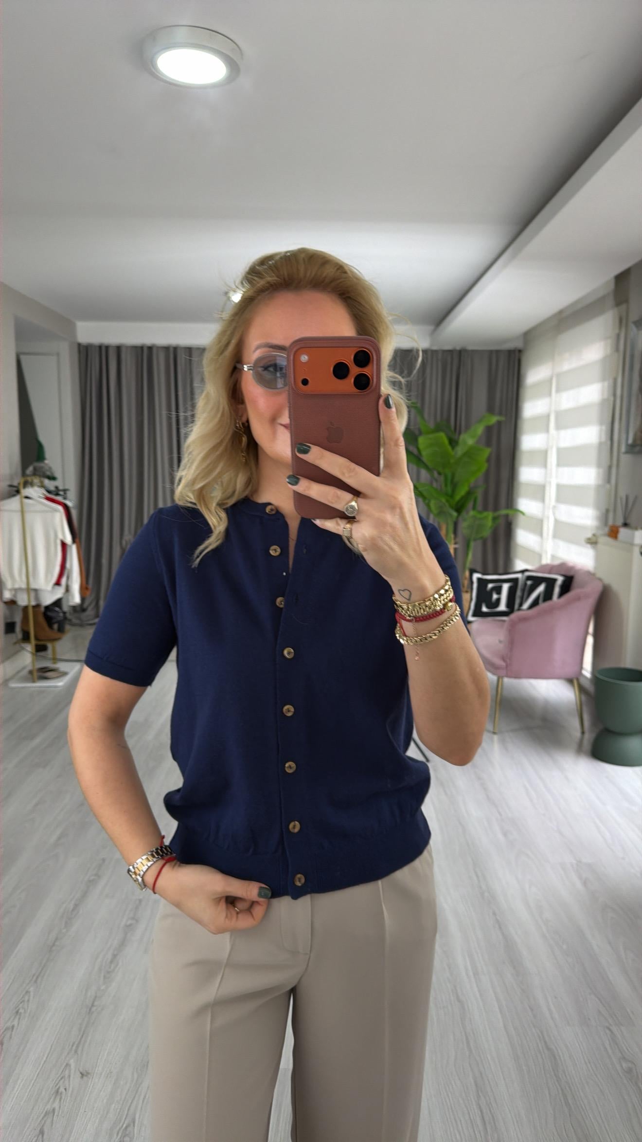 Orijinal Marka Bisiklet Yaka Düğmeli Lacivert Triko