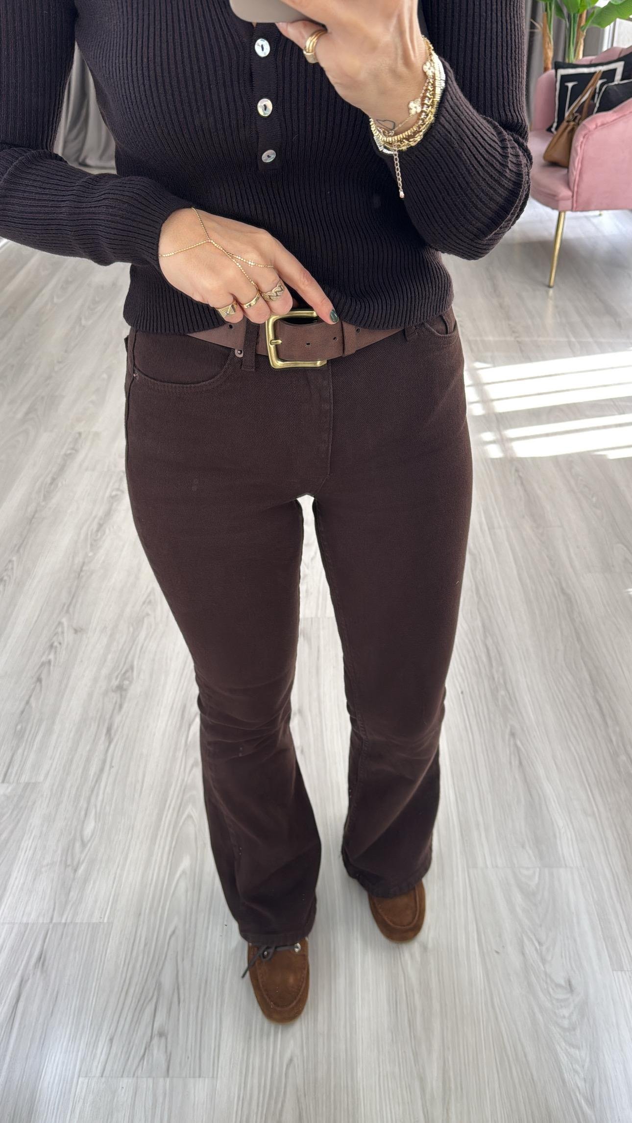 Orijinal Marka Likralı İspanyol Paça Acı Kahve Jean Pantolon