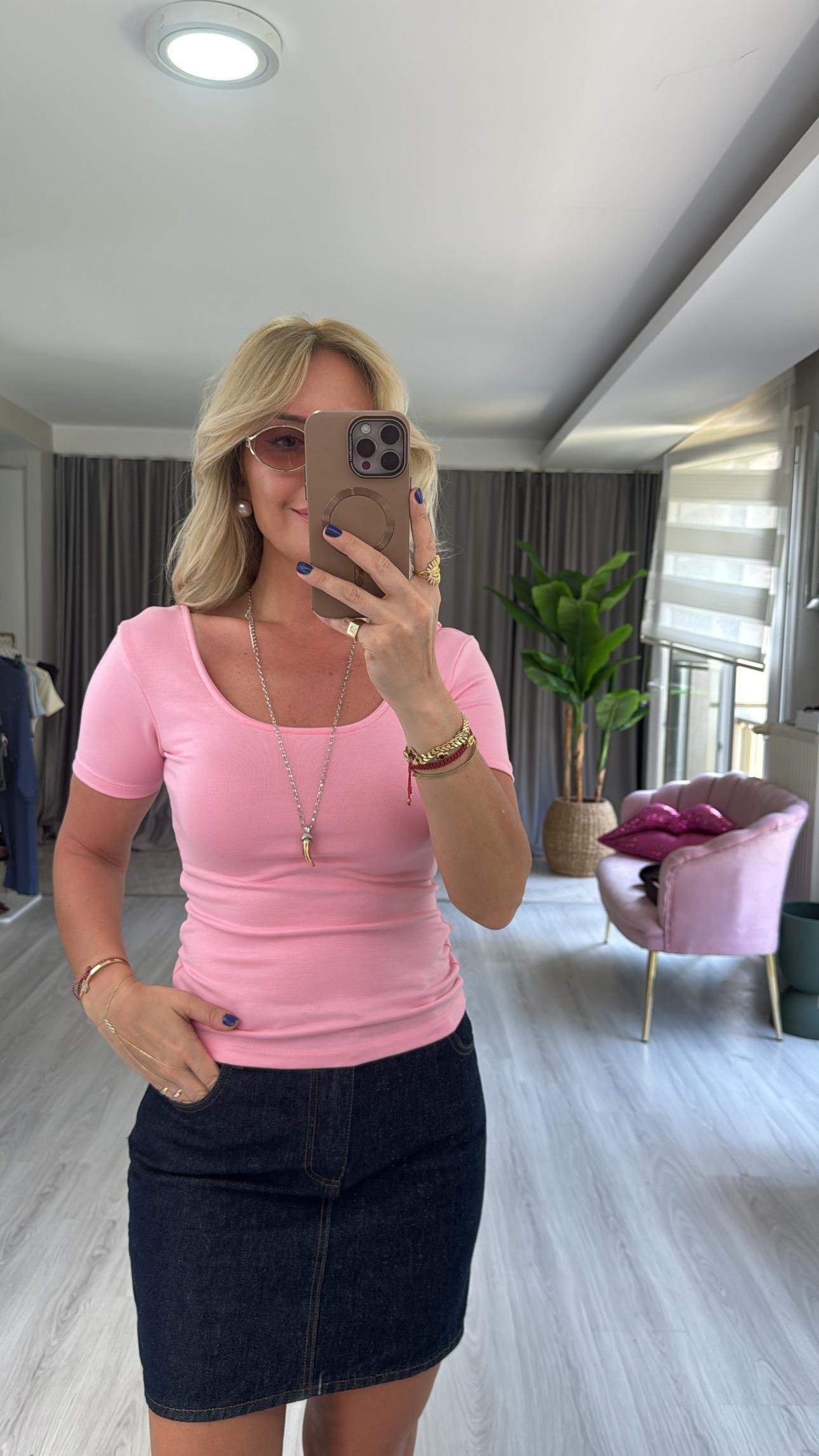 Orijinal Marka Ön Arka U Yaka Pembe Bluz