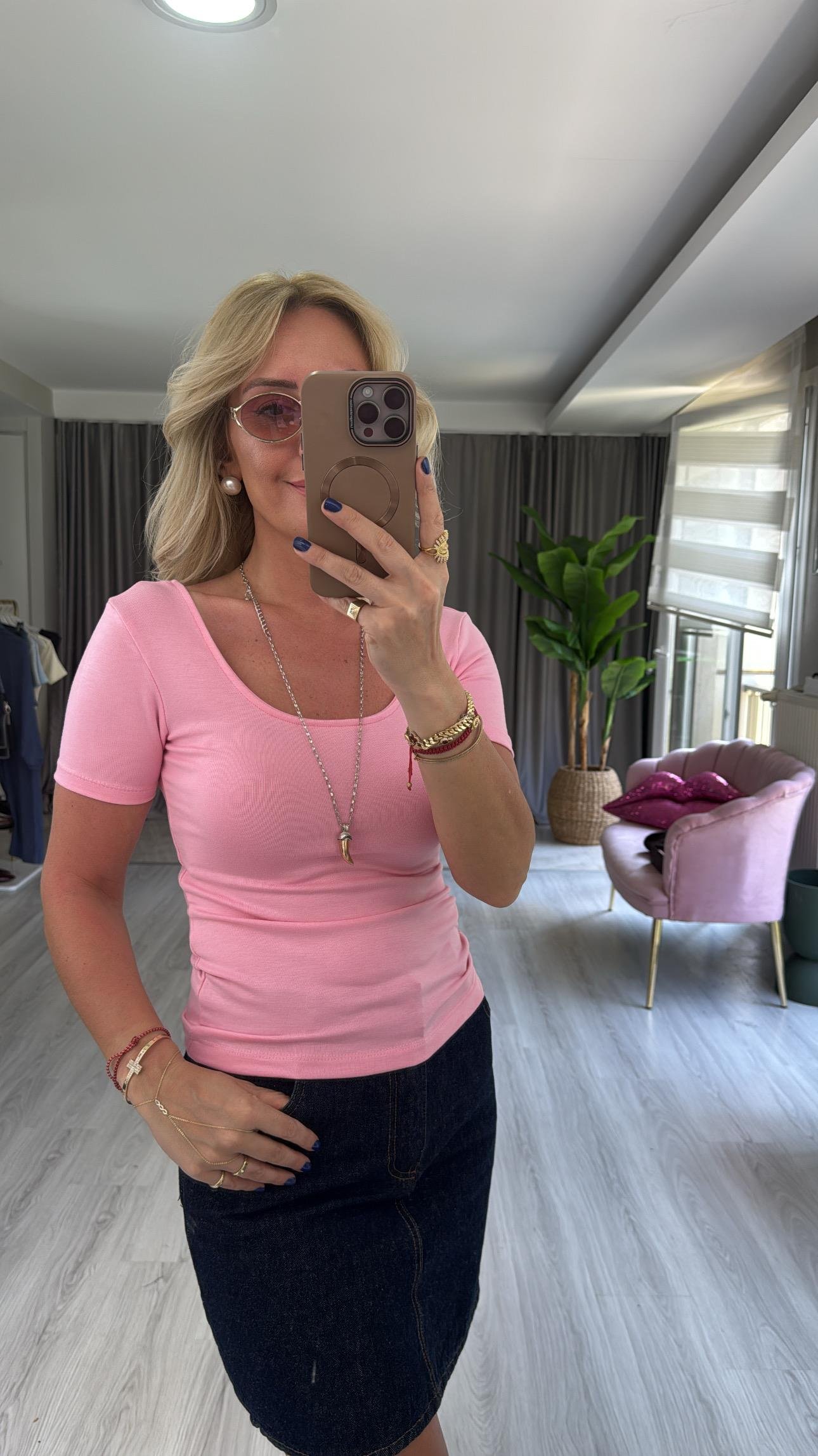 Orijinal Marka Ön Arka U Yaka Pembe Bluz