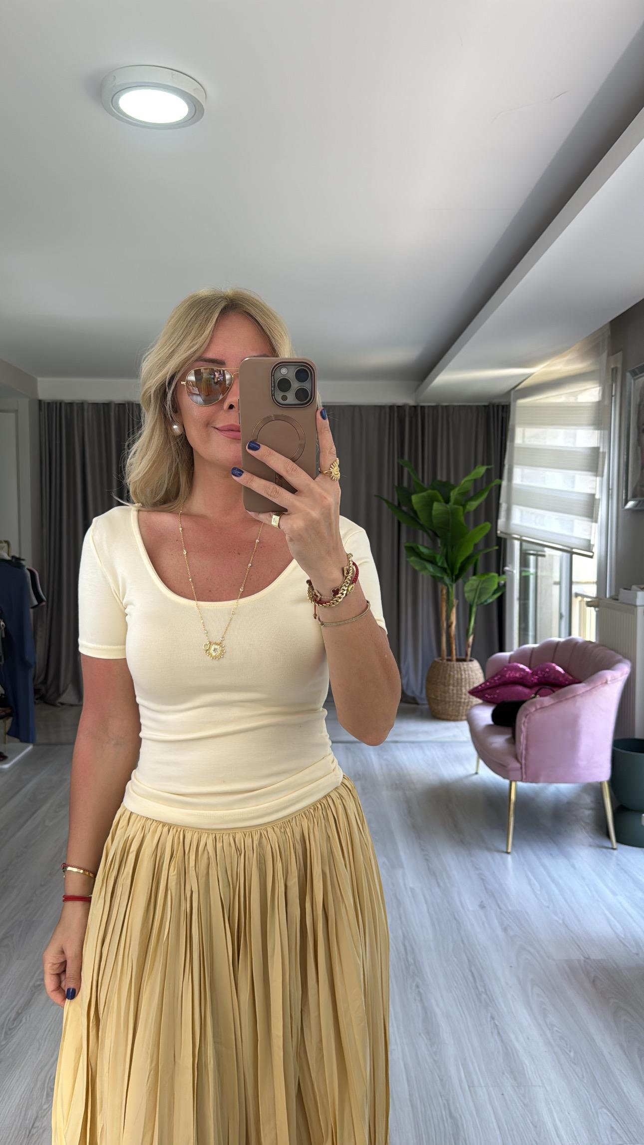 Orijinal Marka Ön Arka U Yaka Sarı Bluz