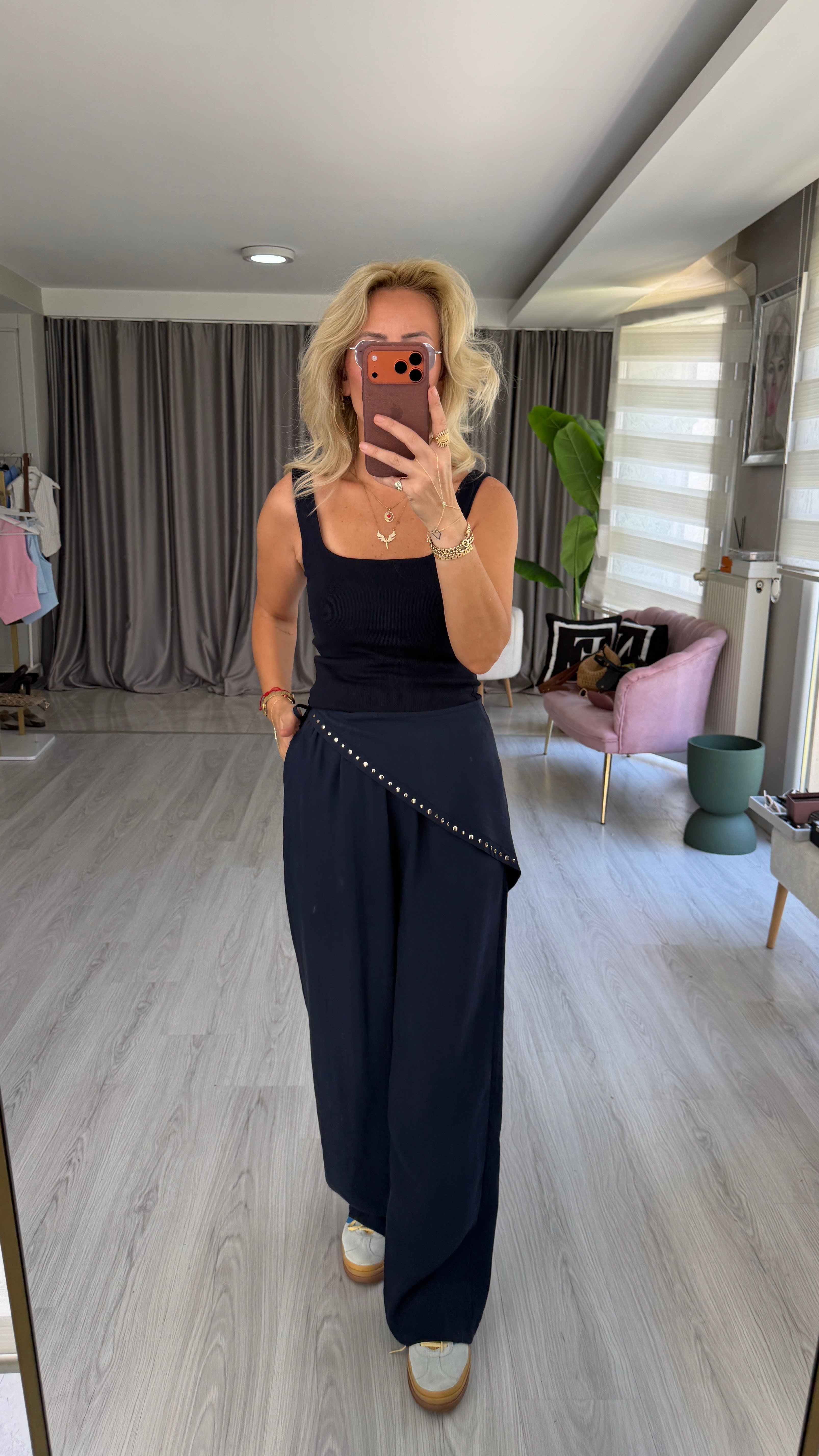 Orijinal Marka Şal Detaylı Beli Lastikli Lacivert Tencel Pantolon
