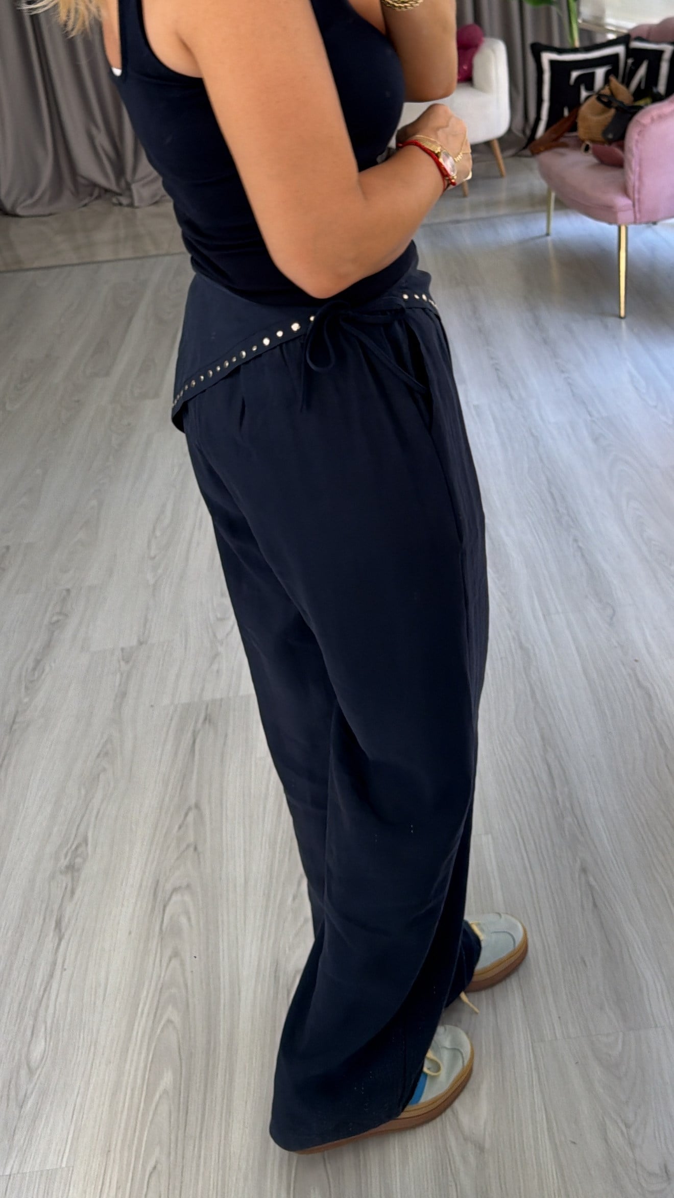 Orijinal Marka Şal Detaylı Beli Lastikli Lacivert Tencel Pantolon