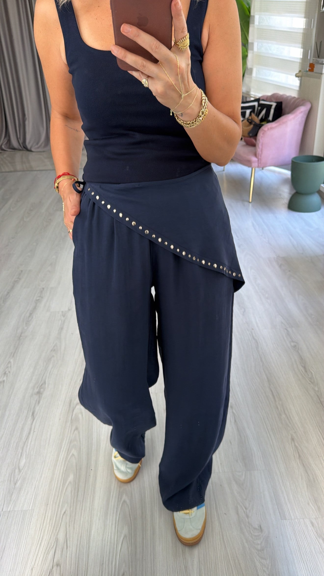 Orijinal Marka Şal Detaylı Beli Lastikli Lacivert Tencel Pantolon