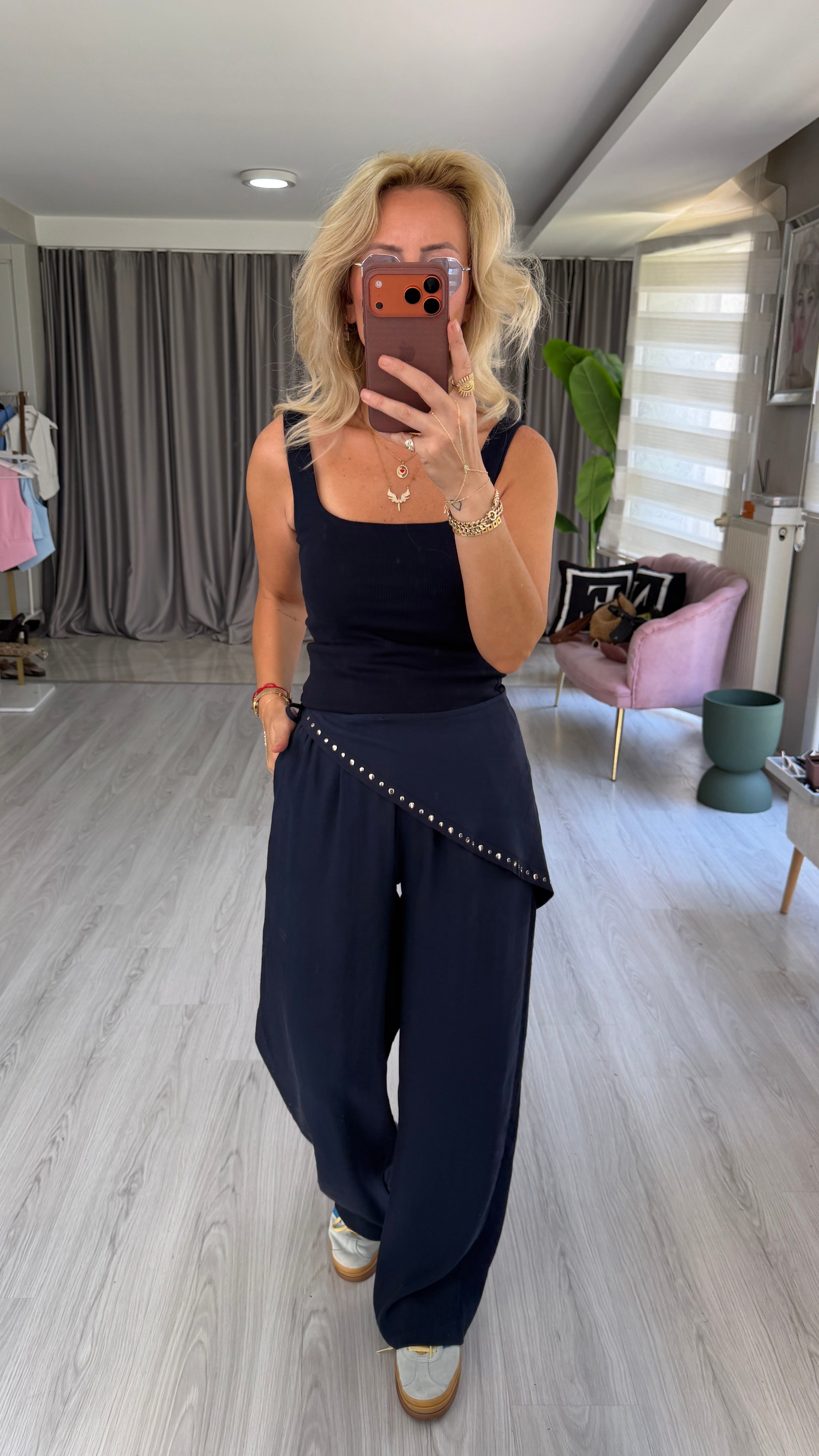Orijinal Marka Şal Detaylı Beli Lastikli Lacivert Tencel Pantolon