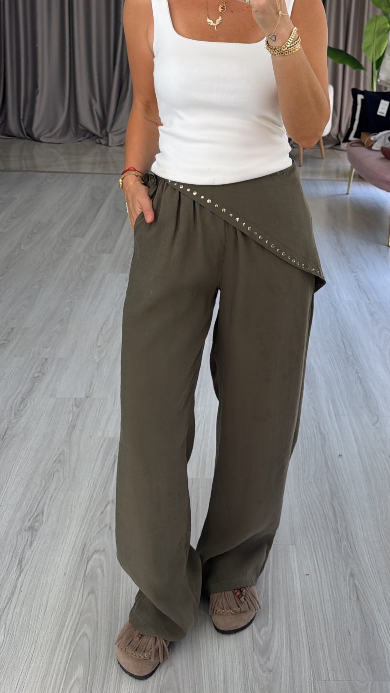 Orijinal Marka Şal Detaylı Beli Lastikli Haki Tencel Pantolon