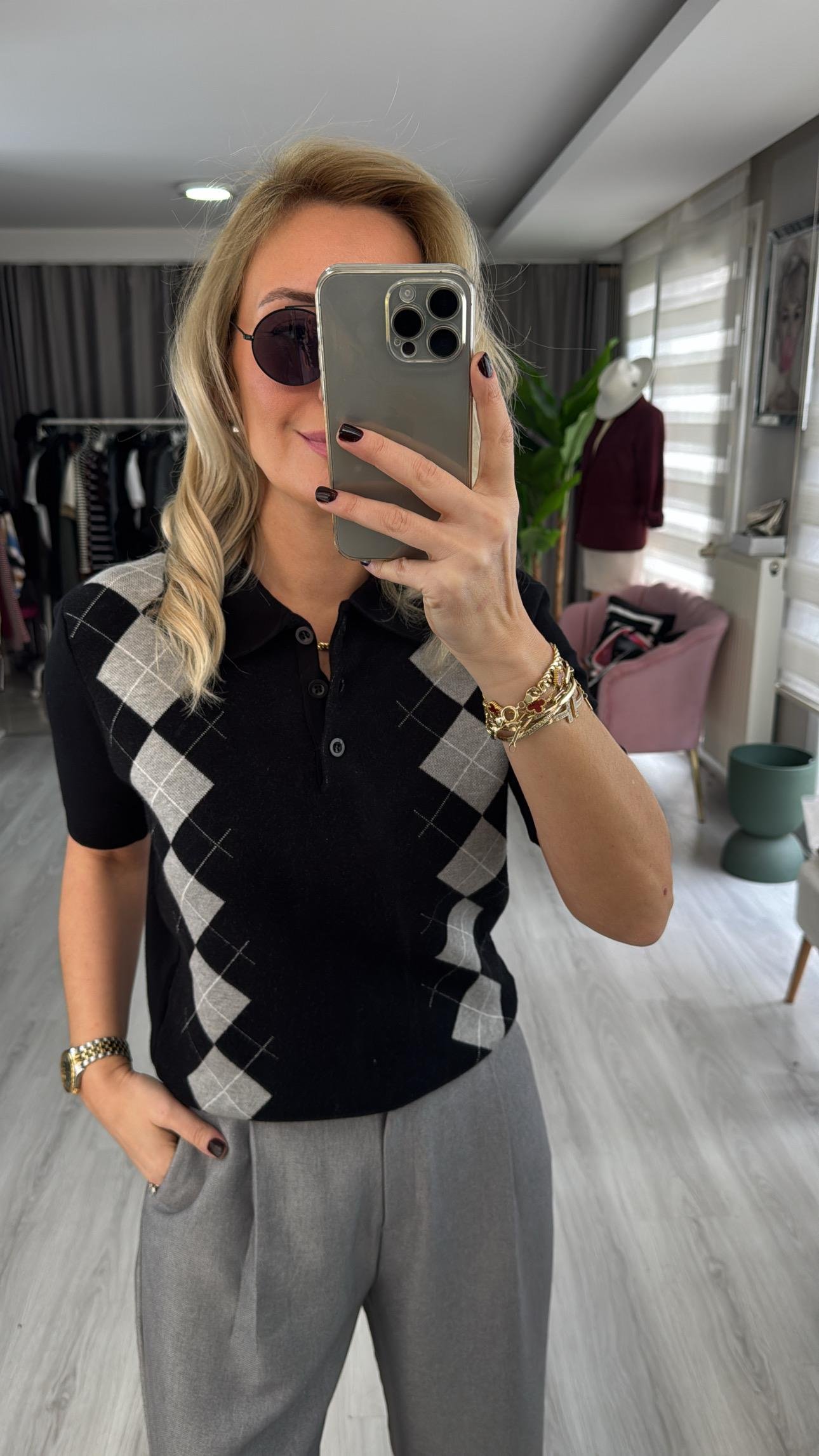 Orijinal Marka Siyah Gri Baklava Desen Triko