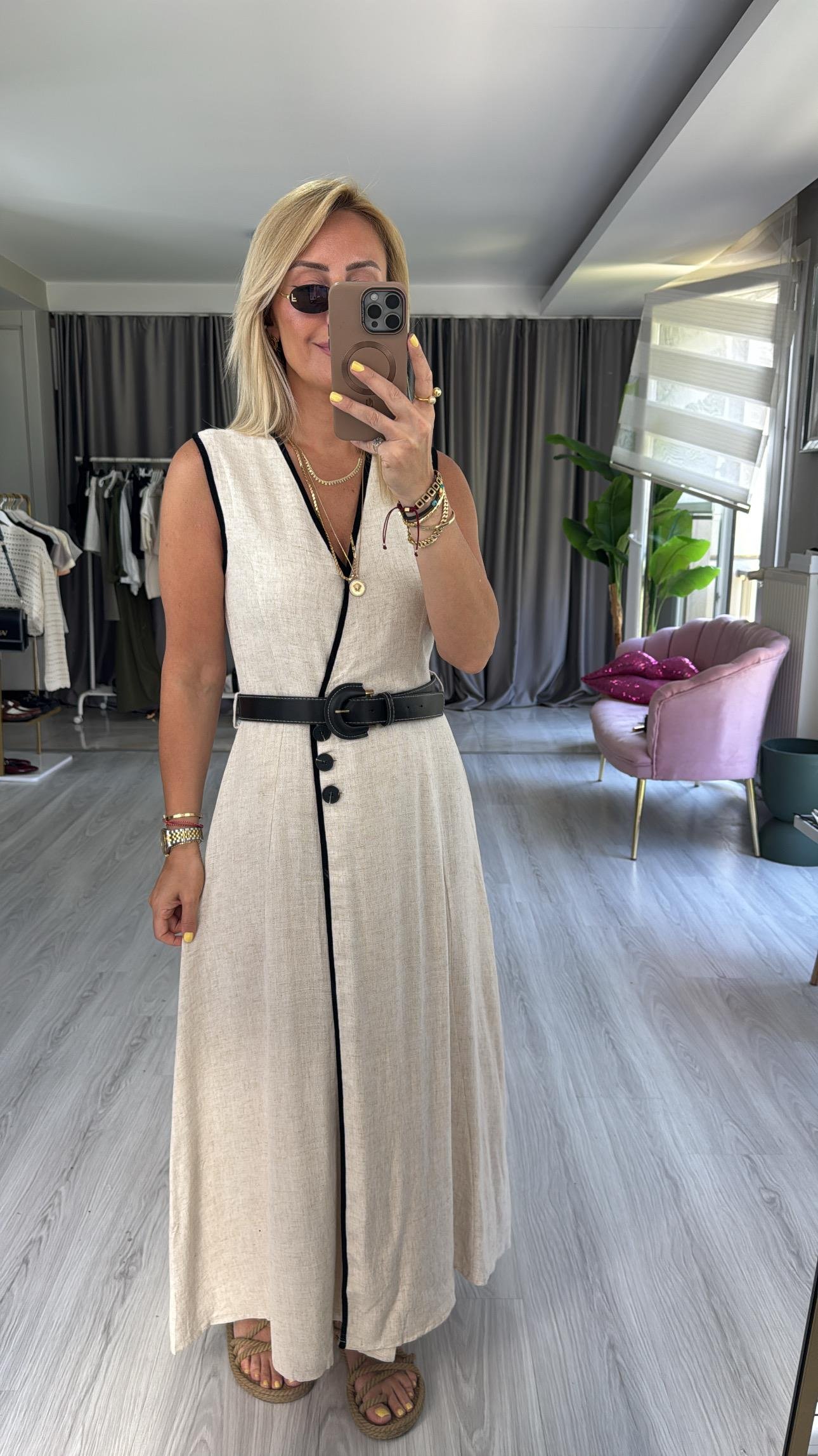 Orijinal Model Bej Keten Elbise