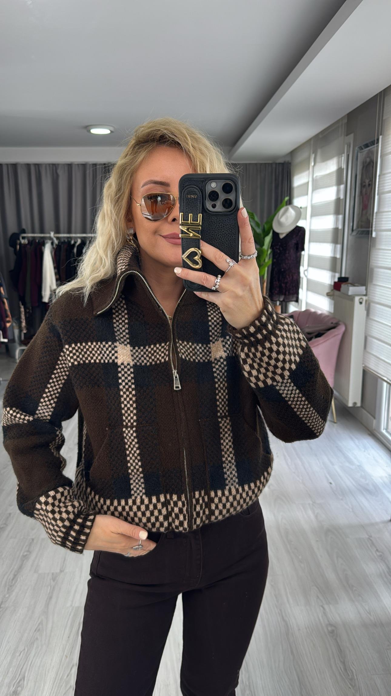 Orijinal Model Ekose Örgü Bomber Acı Kahve Triko Ceket