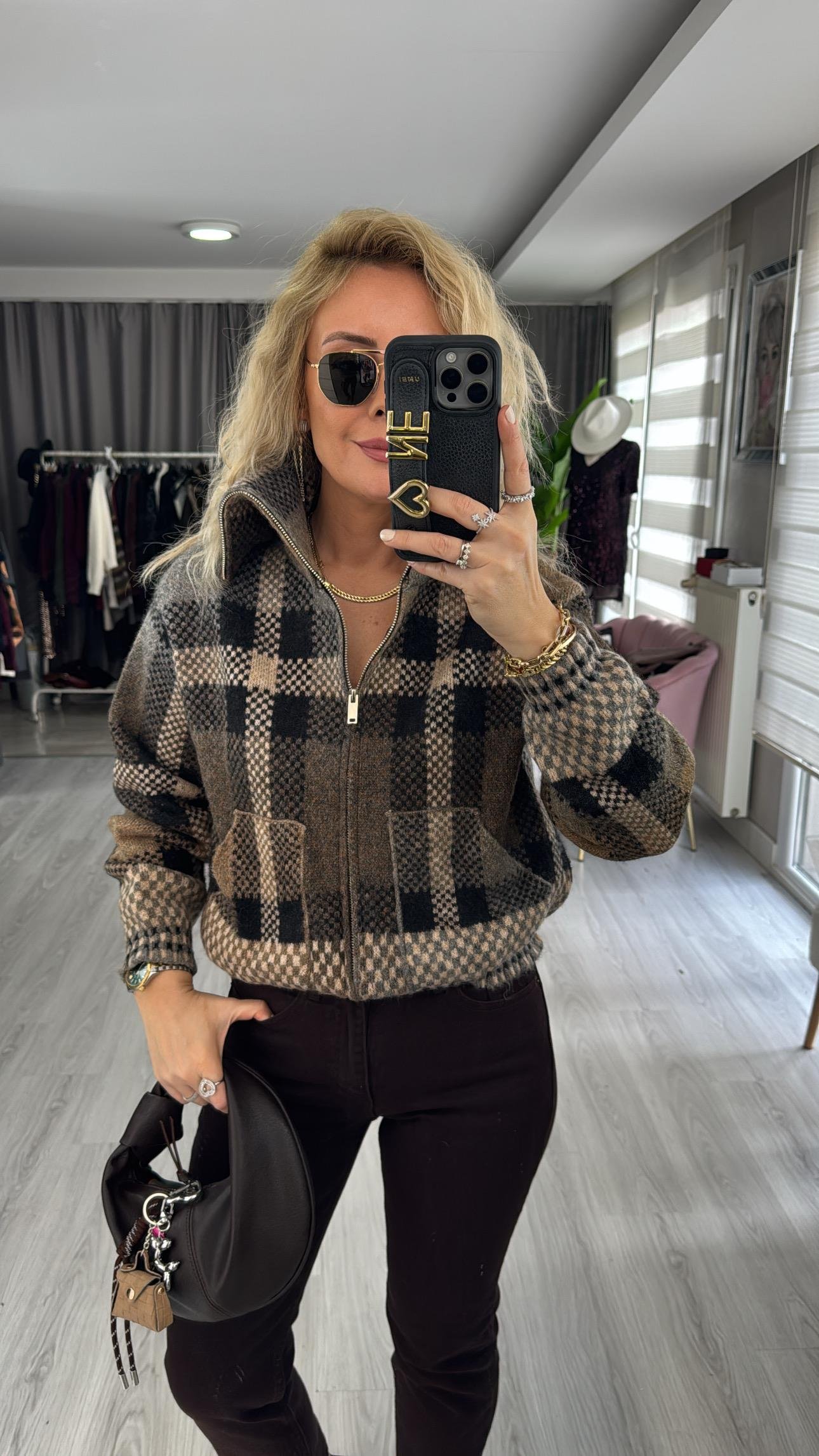 Orijinal Model Ekose Örgü Bomber Triko Ceket