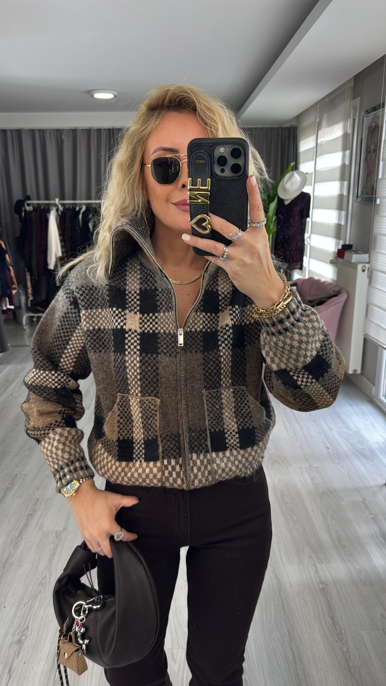 Orijinal Model Ekose Örgü Bomber Triko Ceket