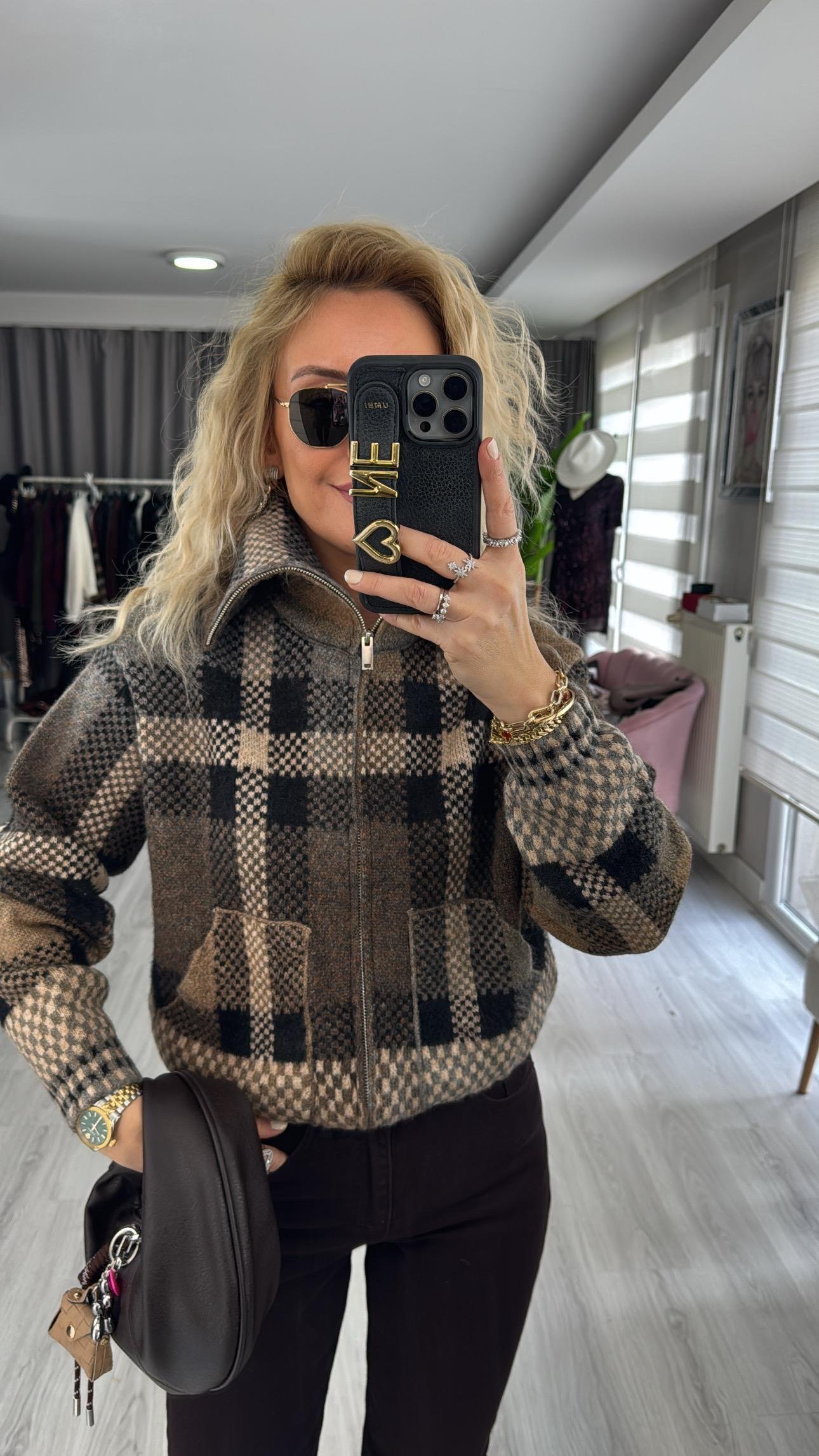 Orijinal Model Ekose Örgü Bomber Triko Ceket